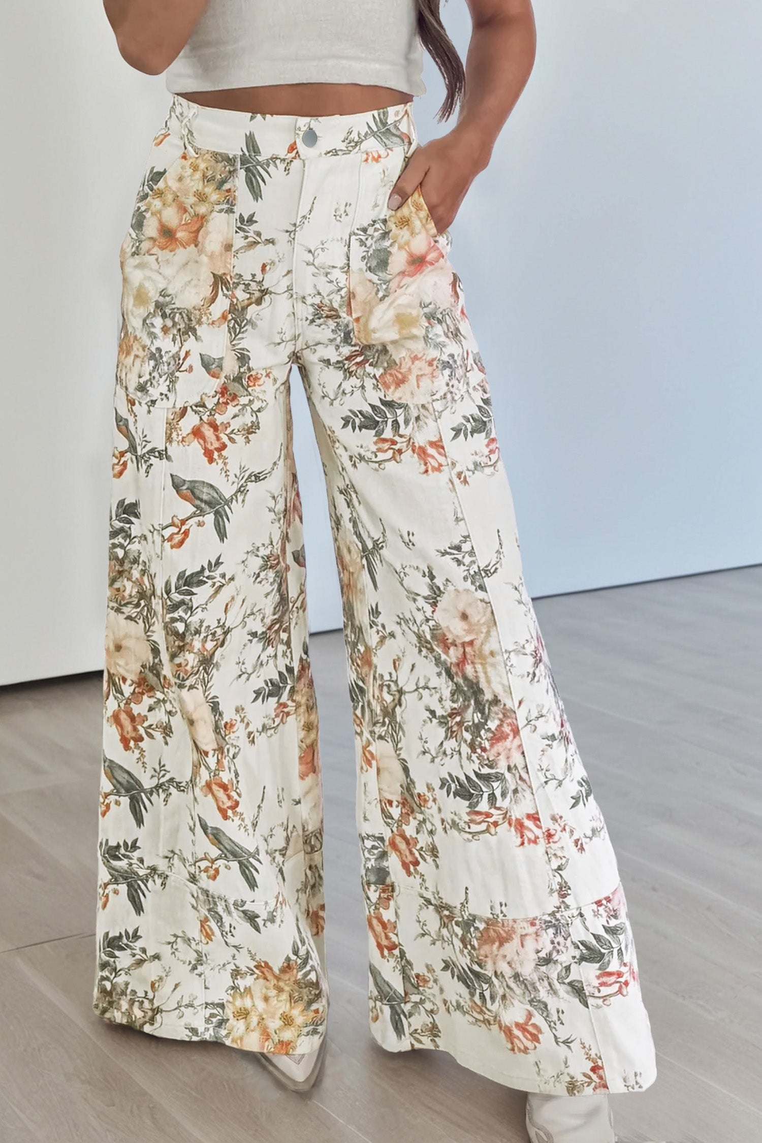 Beige Vintage Style Floral Print High Waist Wide Leg Jeans