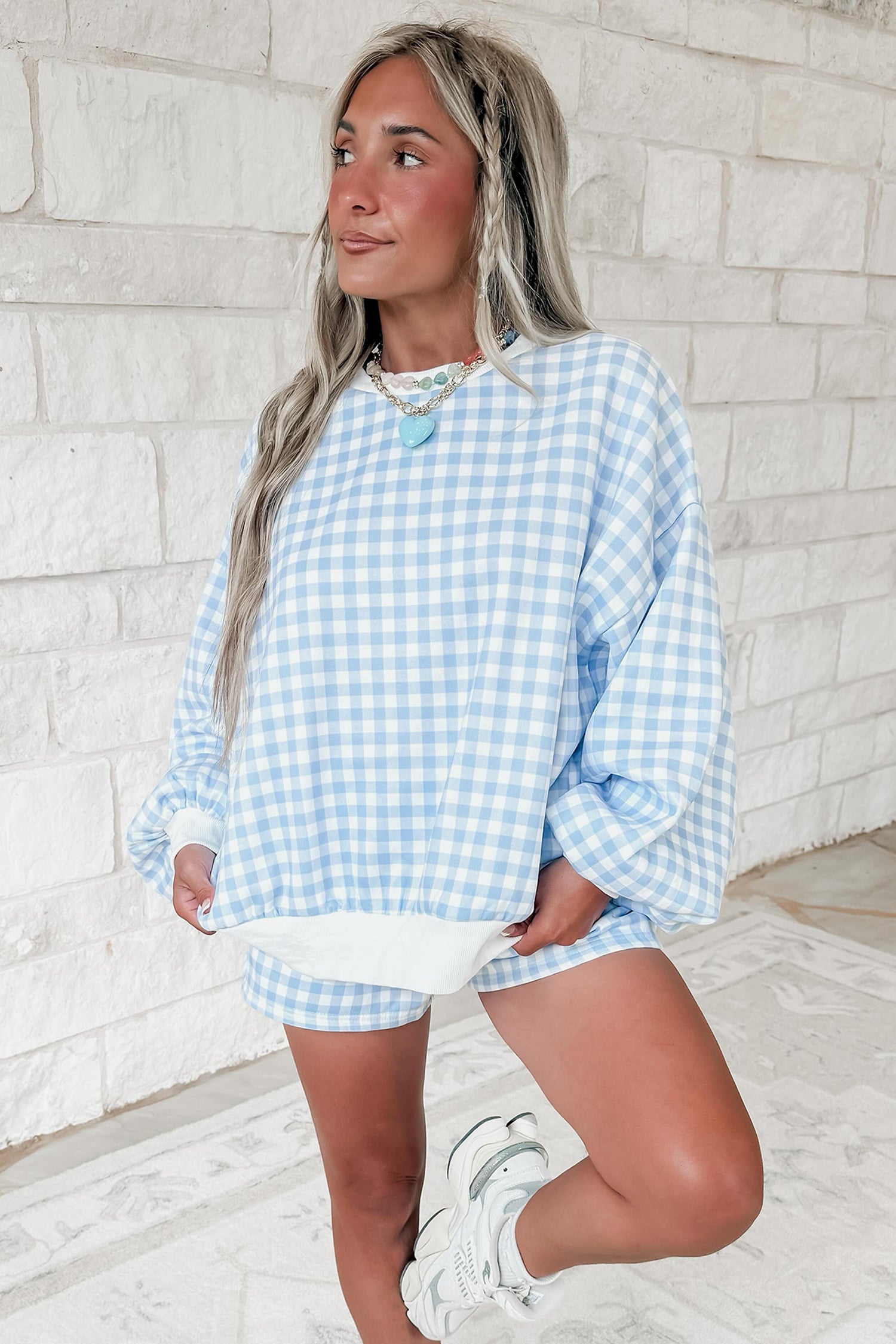 Yellow Plaid Baggy Pullover Drawstring Casual Shorts 2pcs Outfit