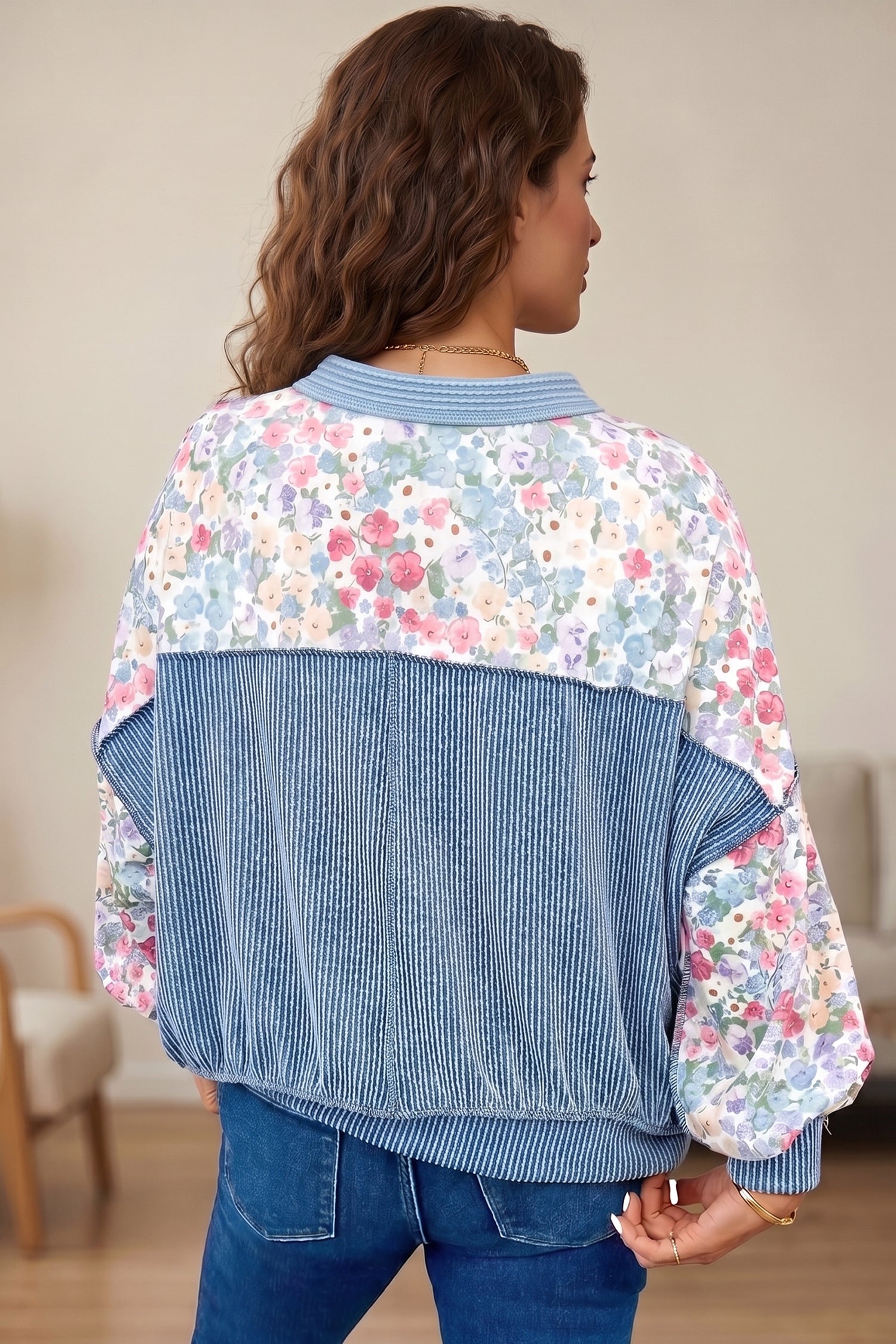 Multicolour Floral Print Round Neck Long Sleeve Top
