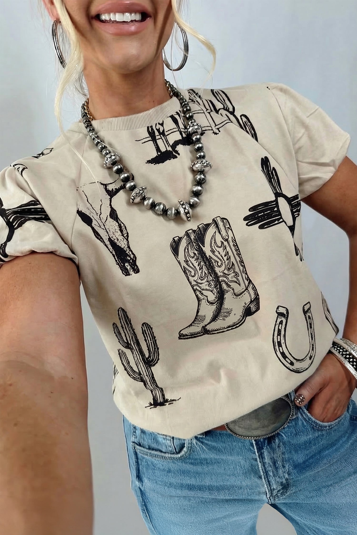 Beige Retro Western Print T Shirt