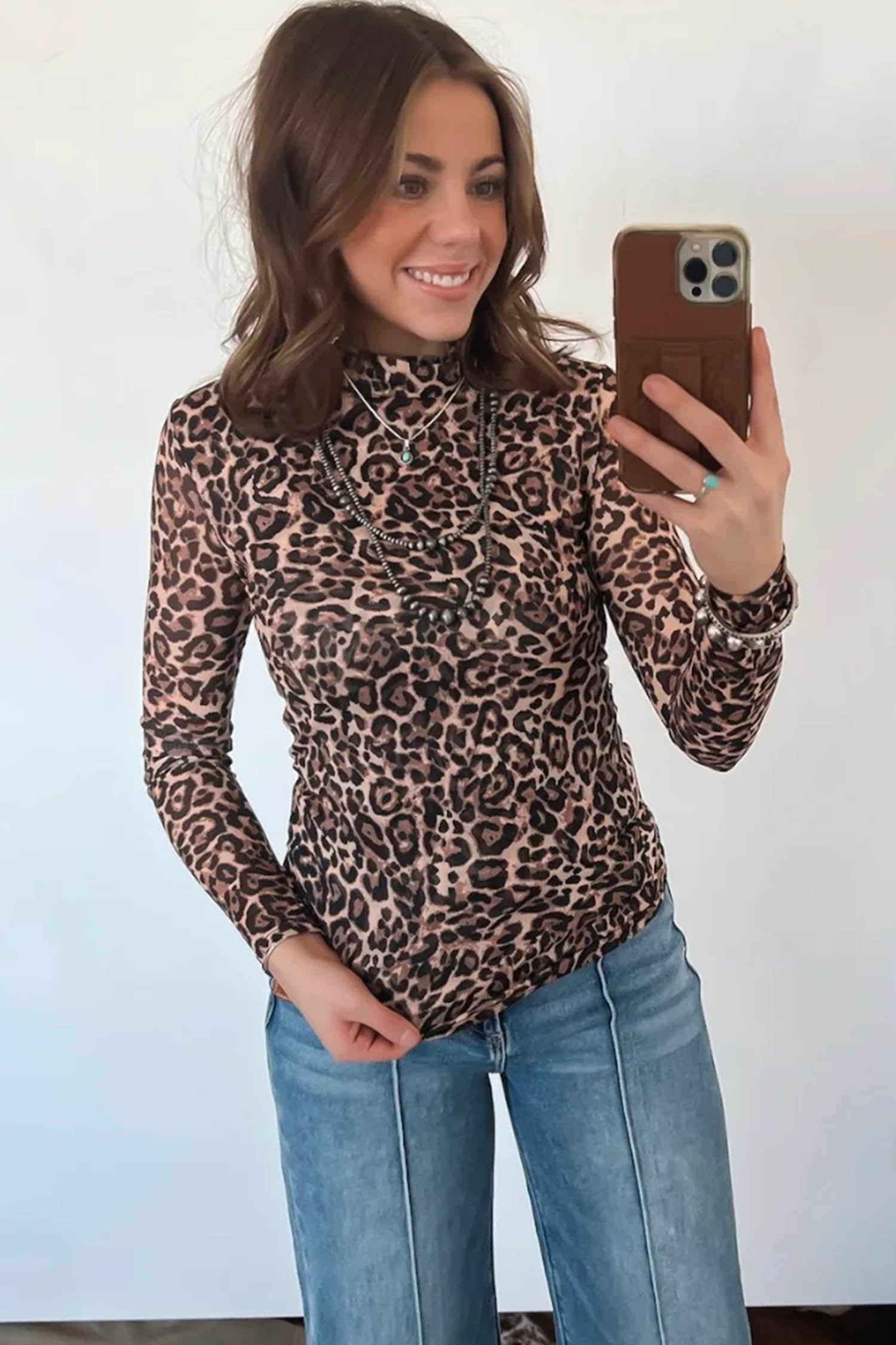 Khaki Leopard High Neck Long Sleeve Western Slim Top