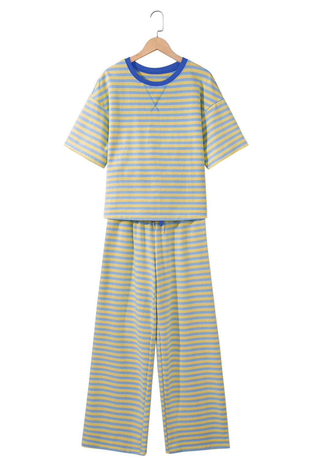 Yellow Stripe Colorblock Trim Crew Neck Loose Tee Drawstring Elastic Waist 2pcs Pant Set