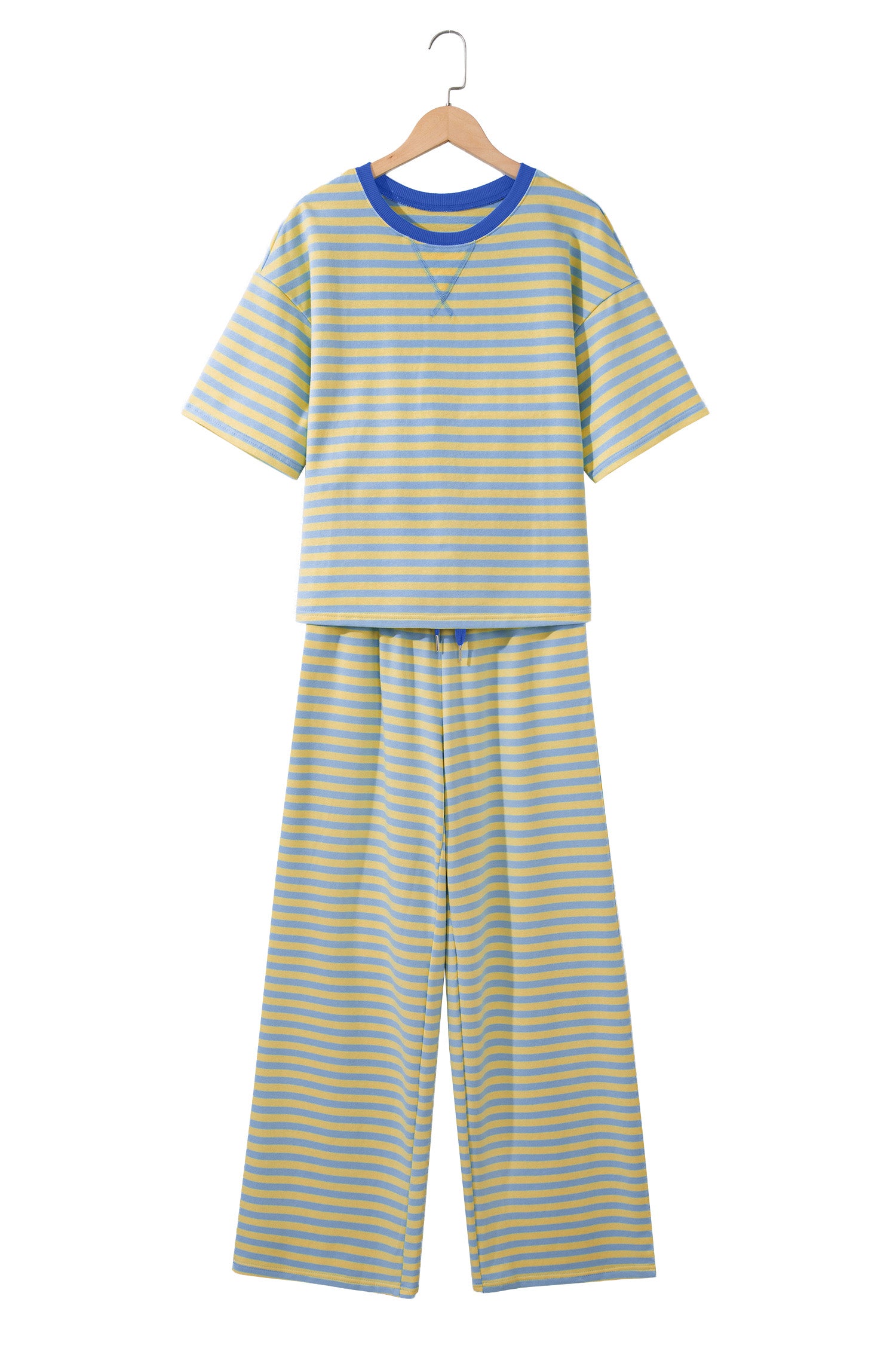 Yellow Stripe Colorblock Trim Crew Neck Loose Tee Drawstring Elastic Waist 2pcs Pant Set