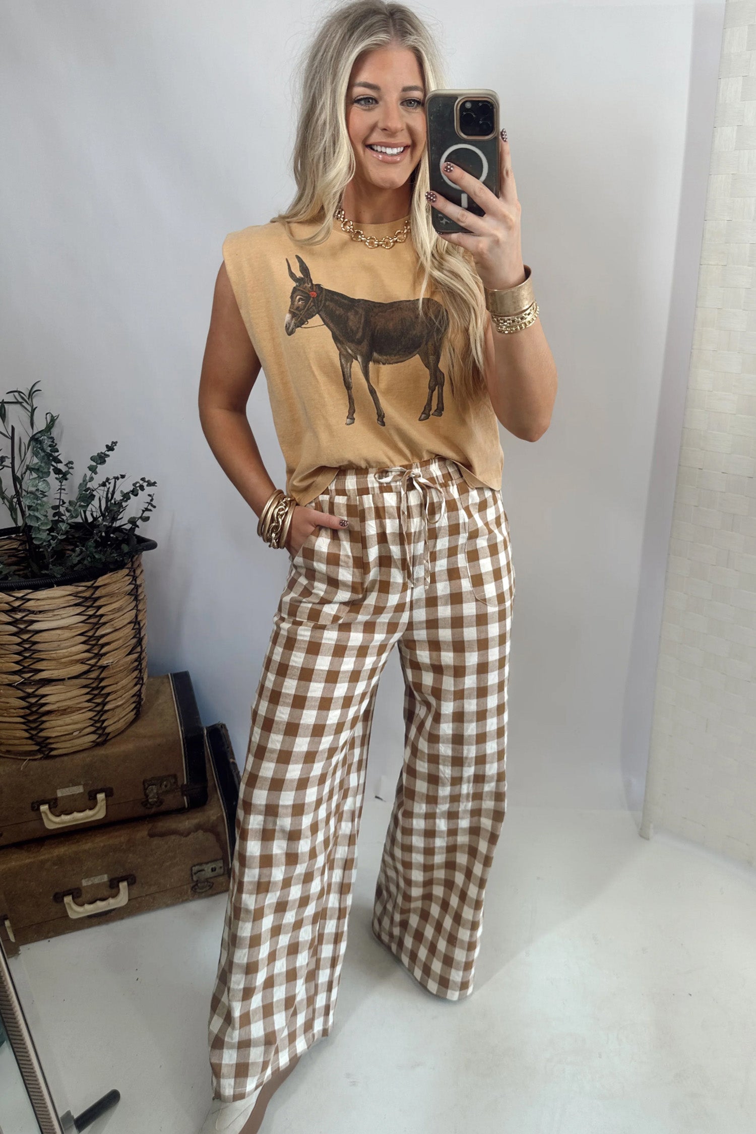Brown Gingham Plaid Tie Elastic Waist Shift Pants