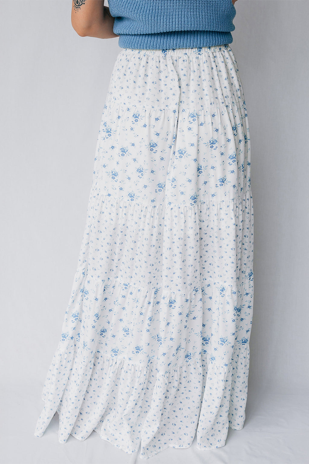 Sky Blue High Waist Tiny Floral Print Boho Maxi Skirt