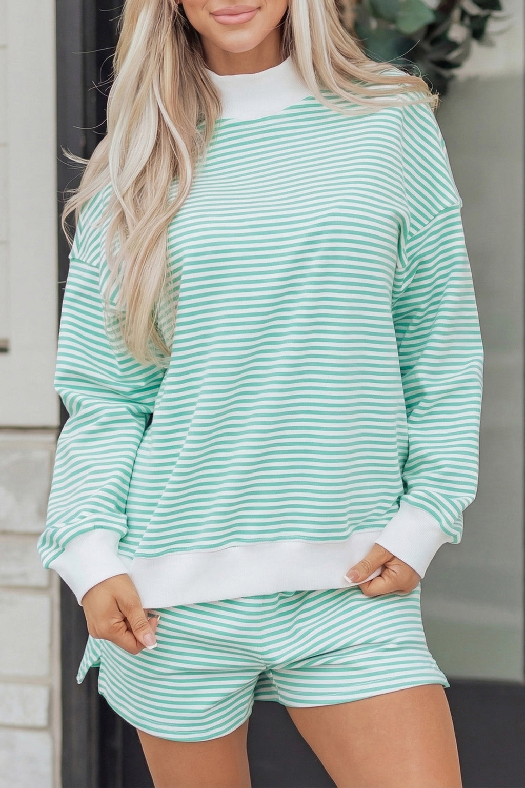 Green Stripe Oversize Mock Neck Sweatshirt and Shorts Set