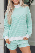 Green Stripe Oversize Mock Neck Sweatshirt and Shorts Set