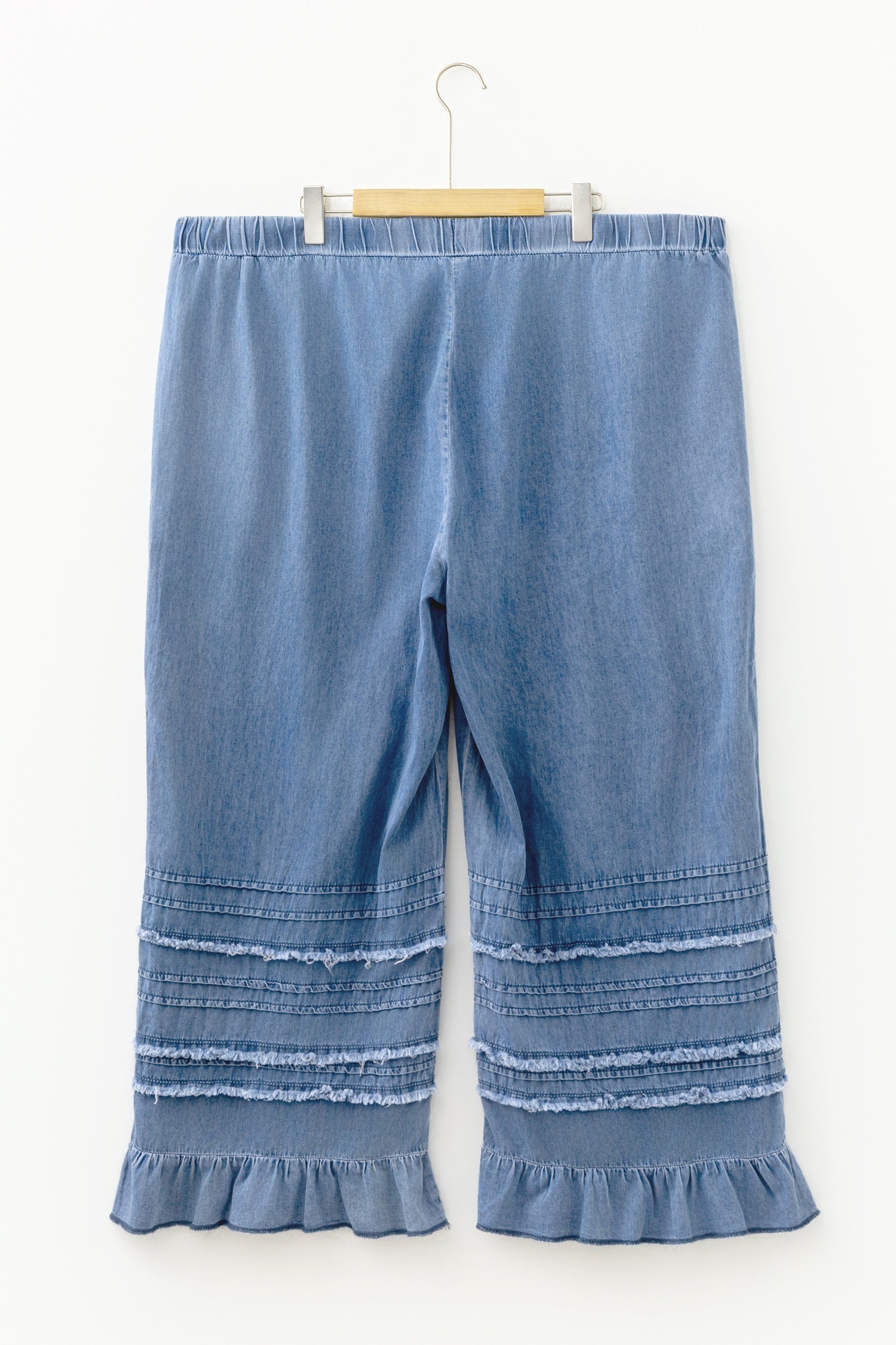Dusk Blue Tiered Raw Edge Ruffled Plus Size Wide Leg Denim Pants