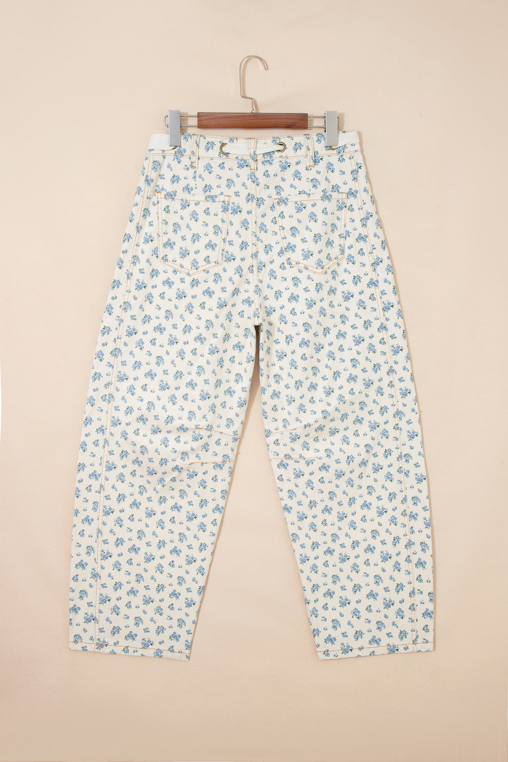Beige Grommet Knot Waist Floral Barrel Leg Jeans
