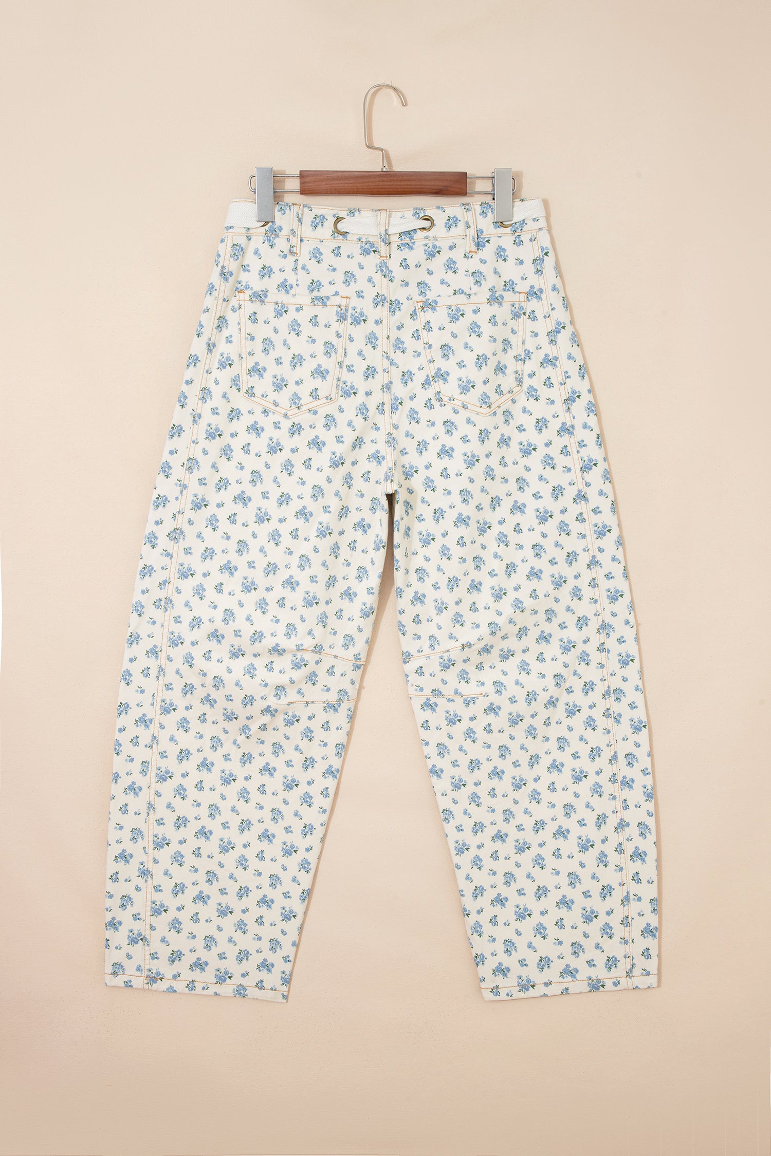 Beige Grommet Knot Waist Floral Barrel Leg Jeans