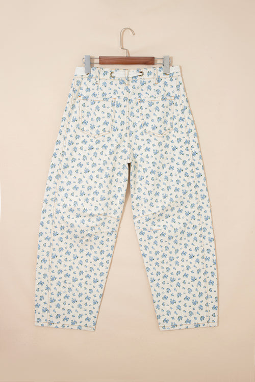 Beige Grommet Knot Waist Floral Barrel Leg Jeans
