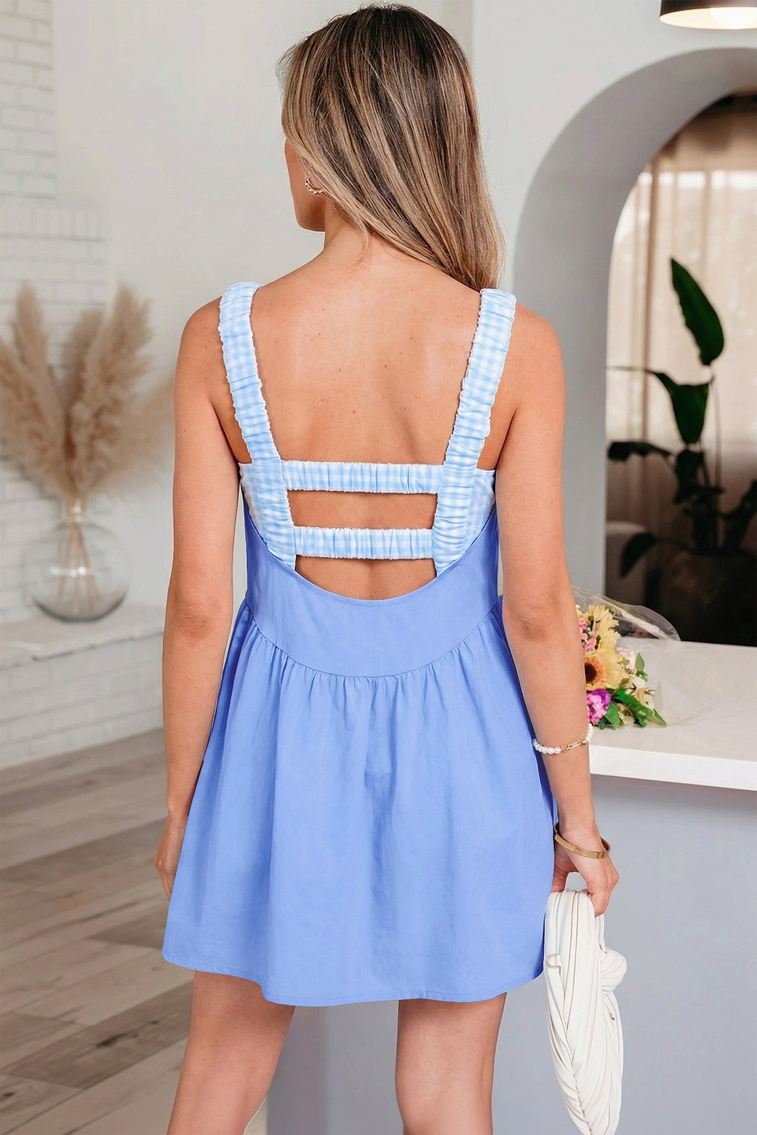 Beau Blue Faux Two Piece Gingham Contrast Patchwork Loose Mini Dress