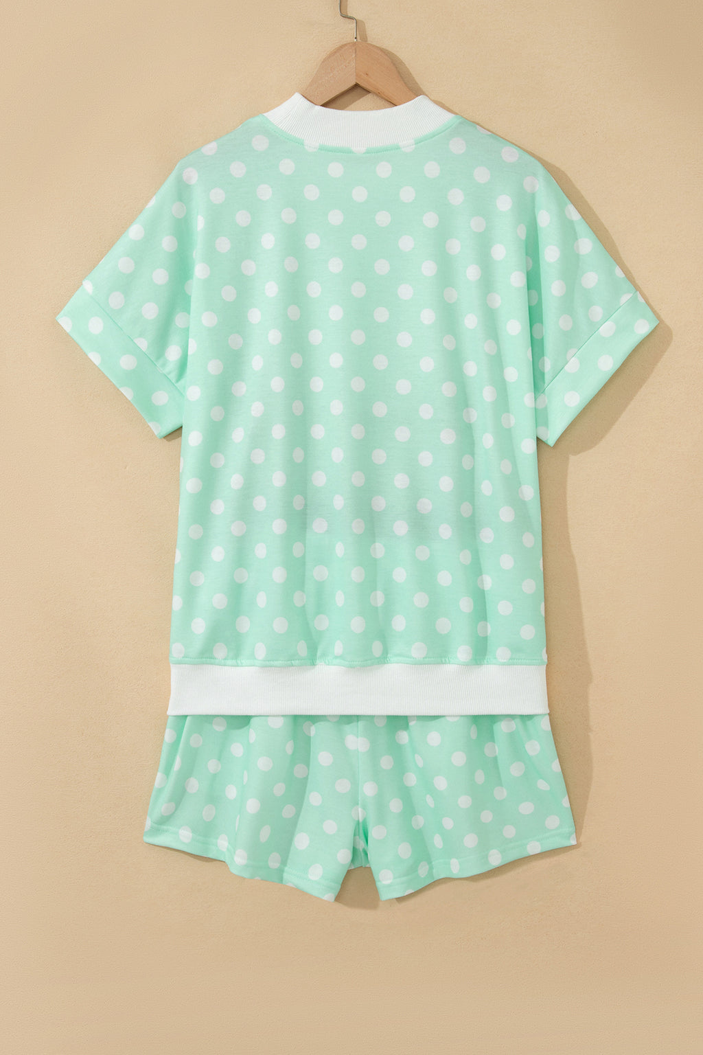 Green Polka Dot Print Color Block Trim Mock Neck Short Set