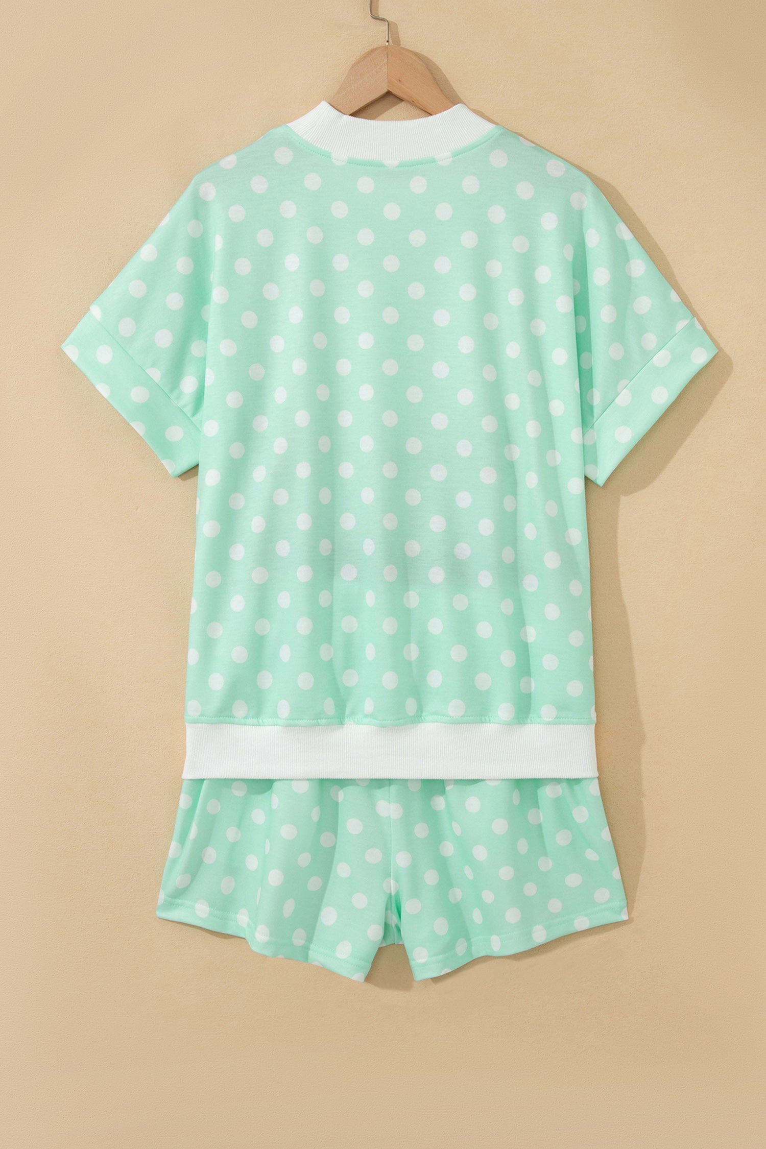 Green Polka Dot Print Color Block Trim Mock Neck Short Set