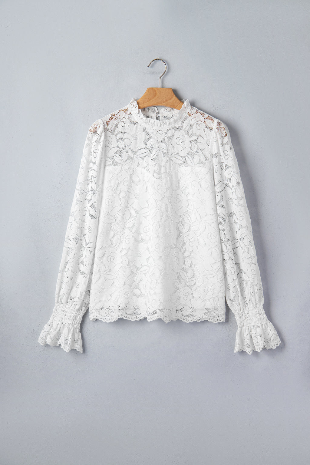 White Ruffled Round Neck Long Flounce Sleeve Sheer Lace Blouse