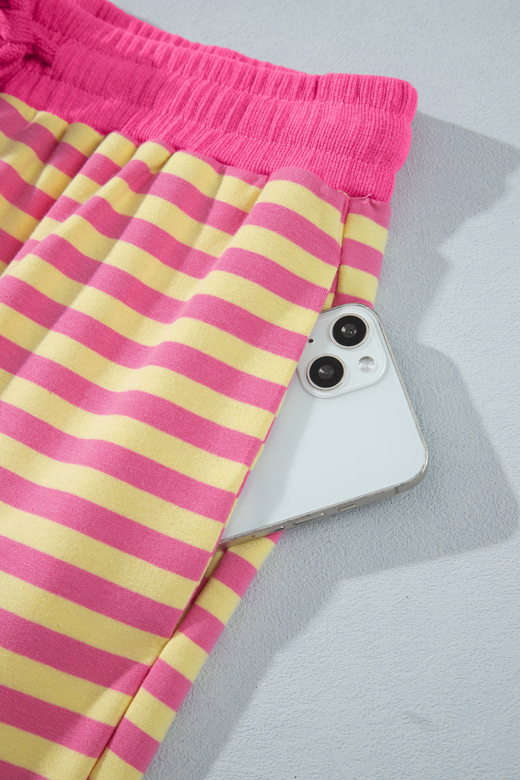 Yellow Stripe Colorblock Trim Crew Neck Loose Tee Drawstring Elastic Waist 2pcs Pant Set