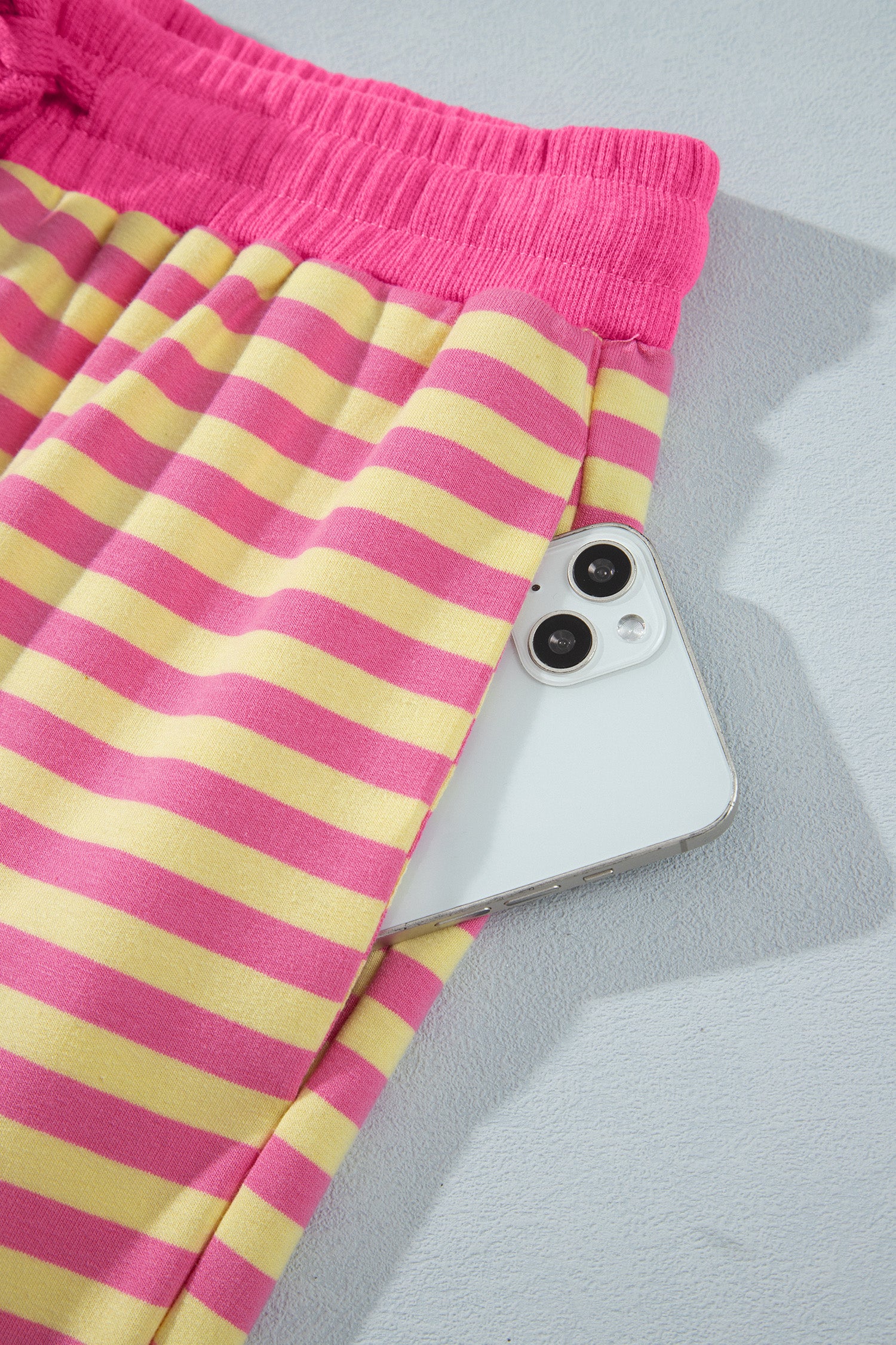 Yellow Stripe Colorblock Trim Crew Neck Loose Tee Drawstring Elastic Waist 2pcs Pant Set