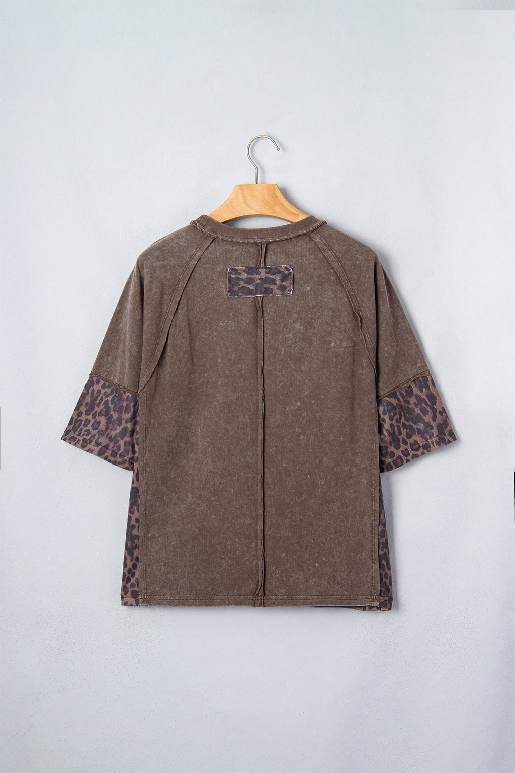 Coffee Mineral Wash Exposed Seam Leopard Star Patched T Shirt