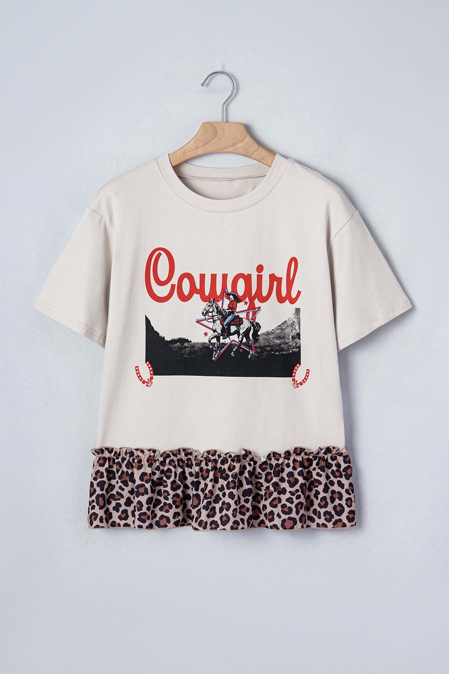 White Retro COWGIRL Print Leopard Ruffle Hem Patchwork T Shirt