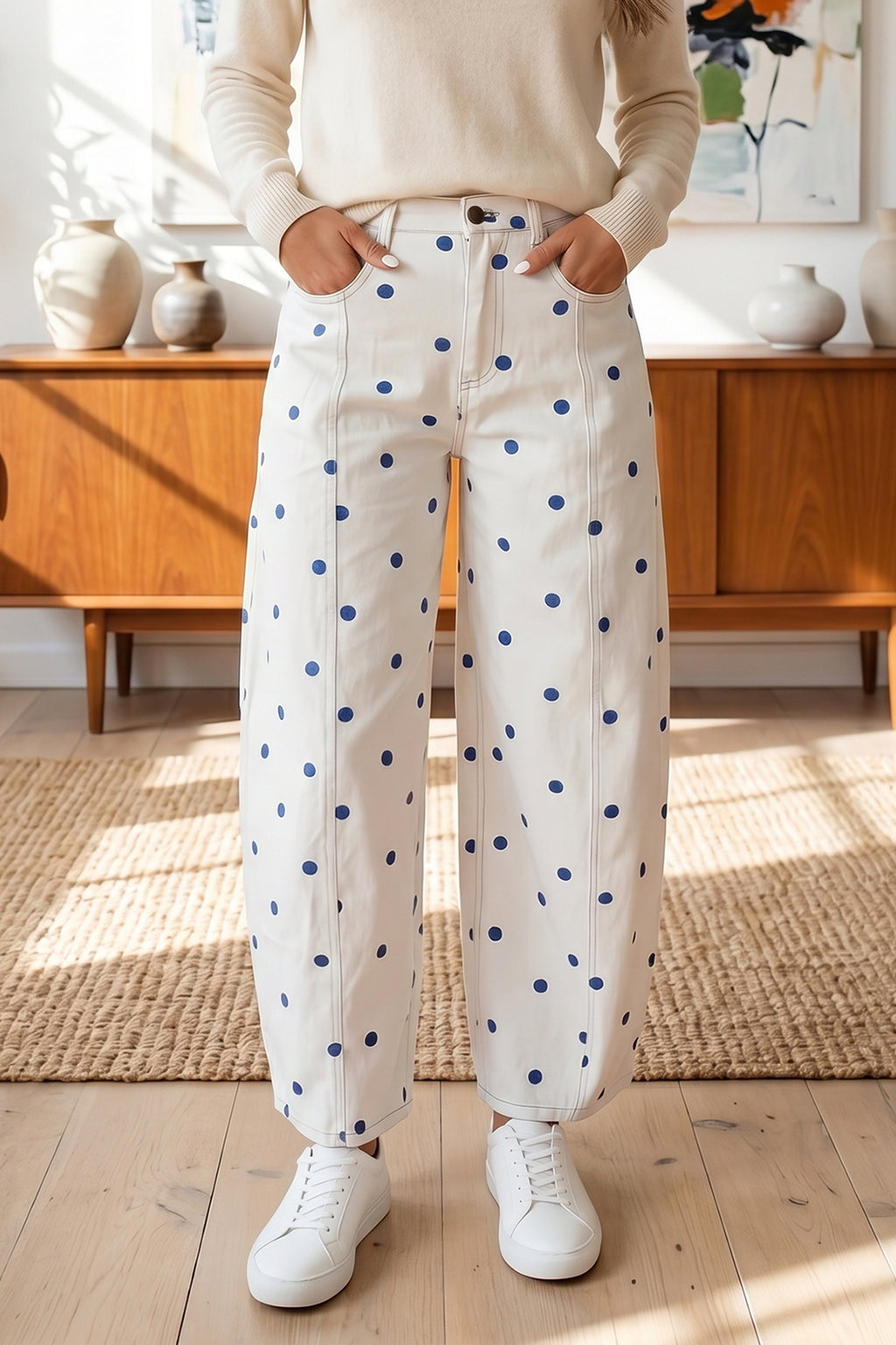 Blue Tailored Seam Polka Dot Print Barrel Casual Jeans