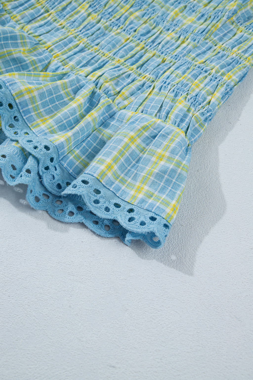 Multicolour Gingham Smoked Lace Trim Tank Top
