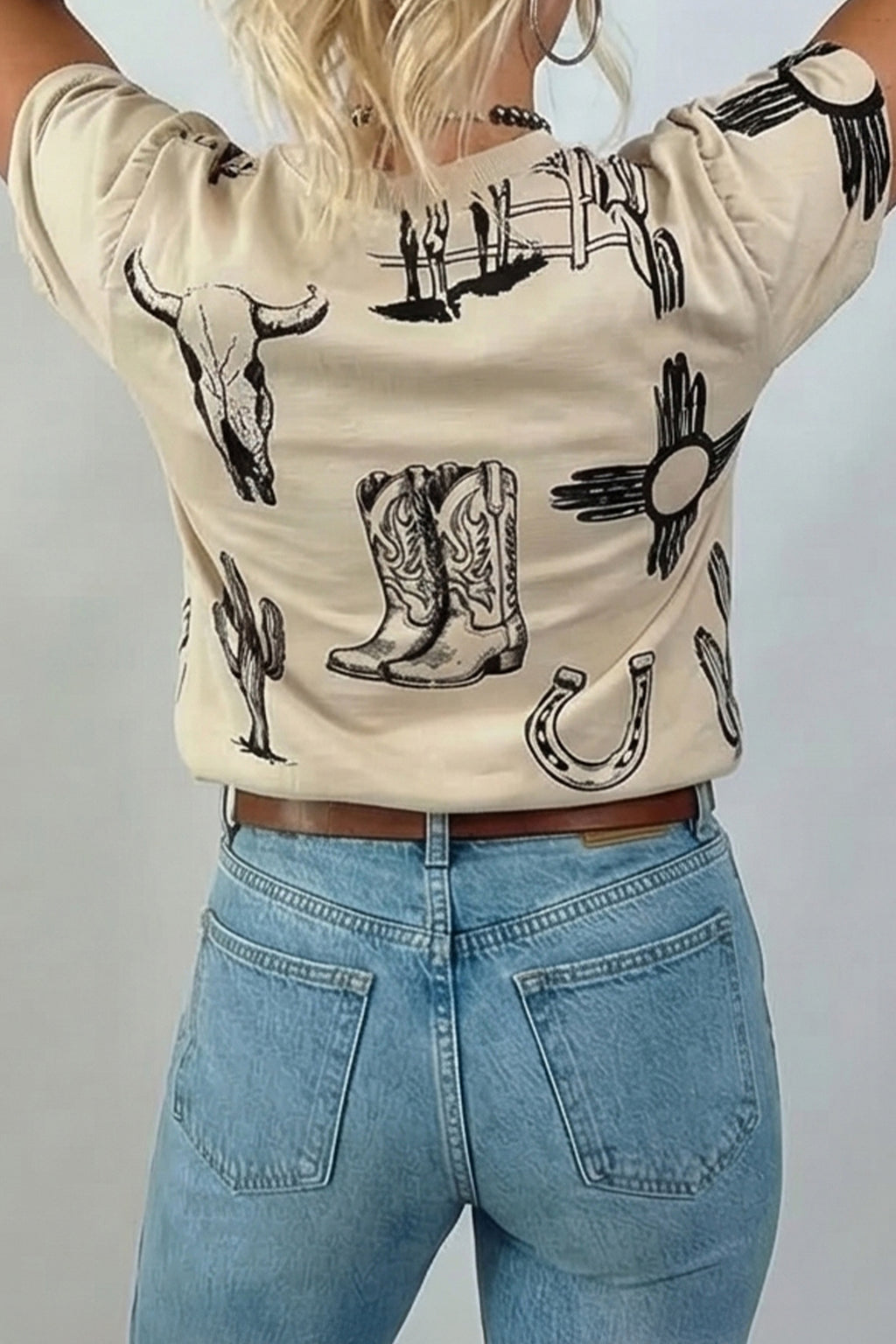 Beige Retro Western Print T Shirt