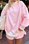 Pink Stripe1 Oversize Mock Neck Sweatshirt and Shorts Set