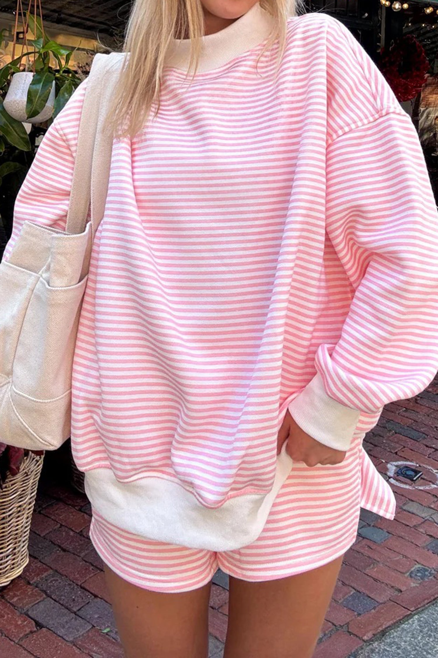 Pink Stripe1 Oversize Mock Neck Sweatshirt and Shorts Set