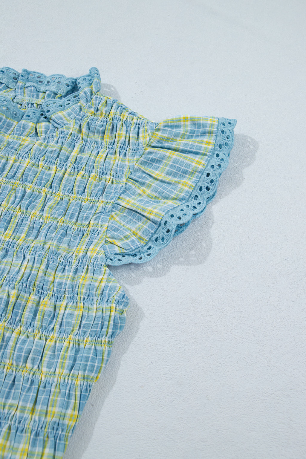 Multicolour Gingham Smoked Lace Trim Tank Top