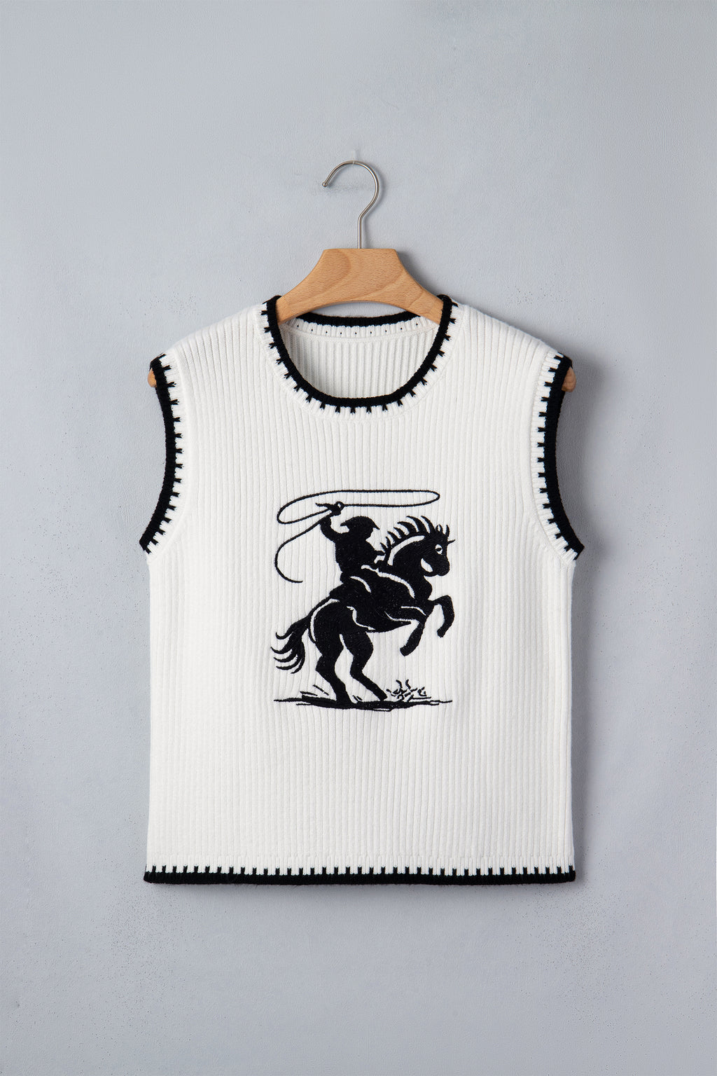 White Contrast Trim Round Neck Rodeo Cowboy Sweater Vest