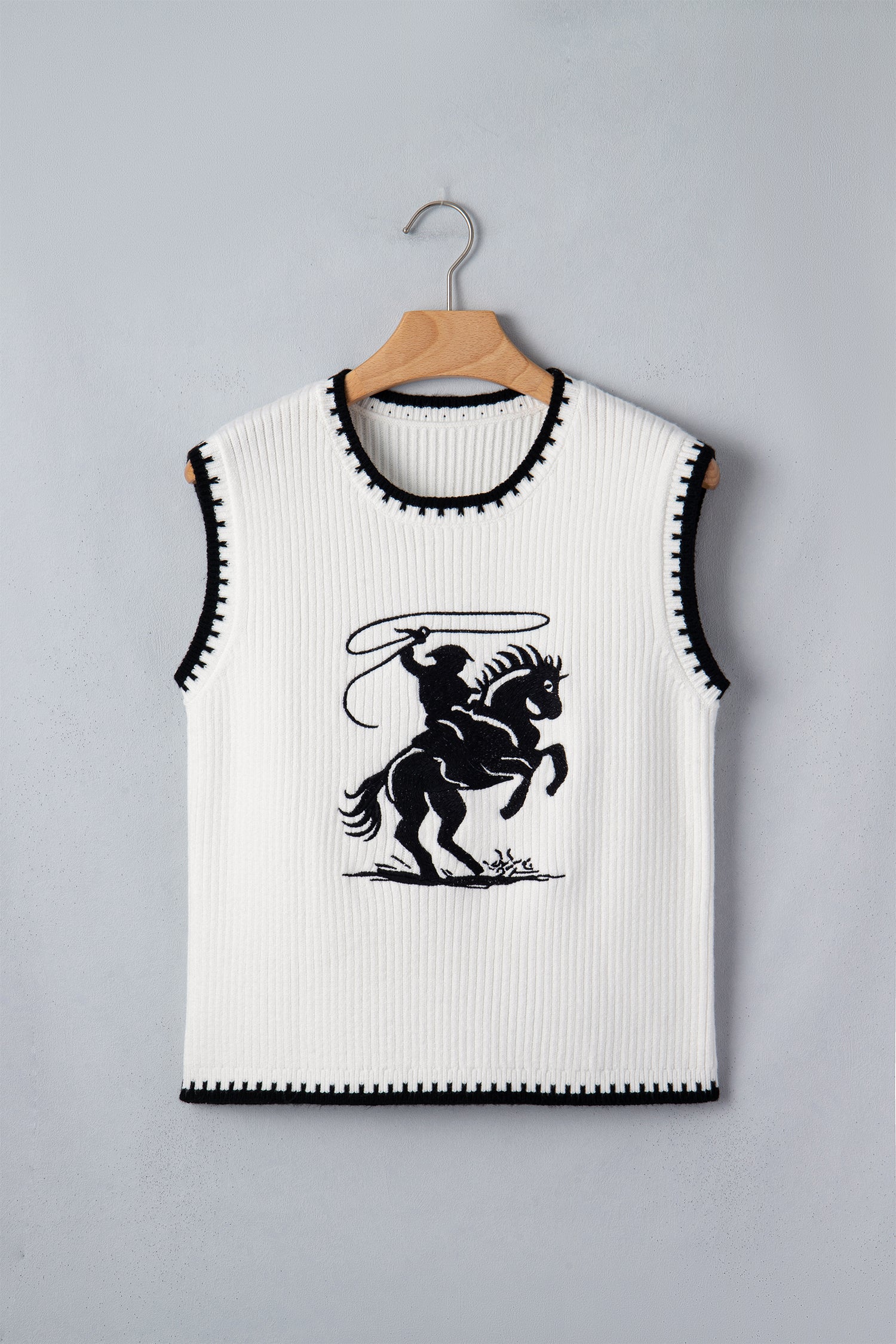 White Contrast Trim Round Neck Rodeo Cowboy Sweater Vest