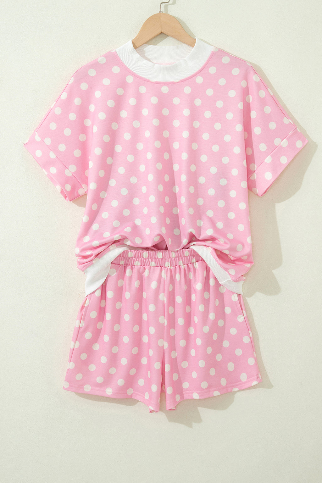 Yellow Polka Dot Print Color Block Trim Mock Neck Short Set