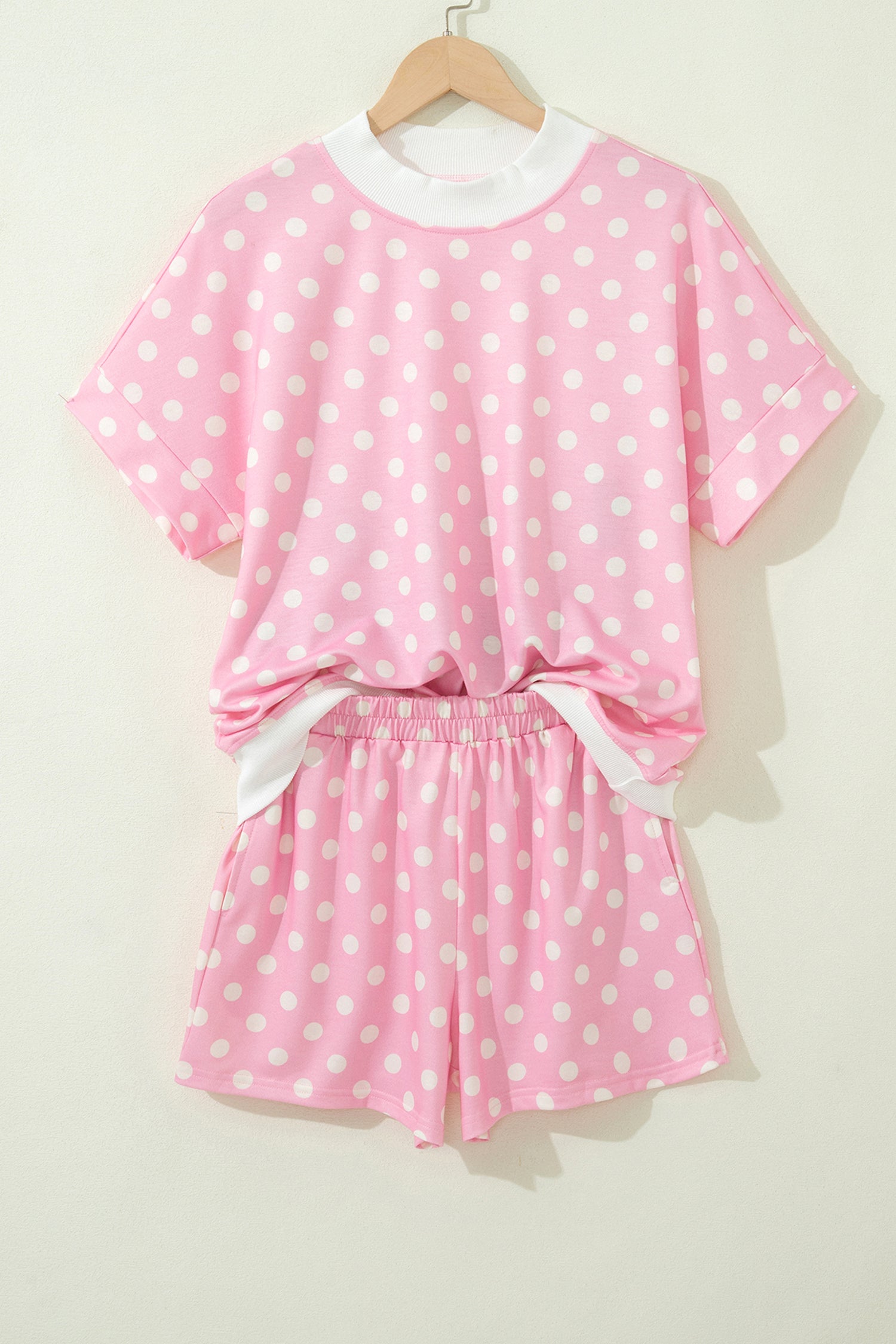 Yellow Polka Dot Print Color Block Trim Mock Neck Short Set