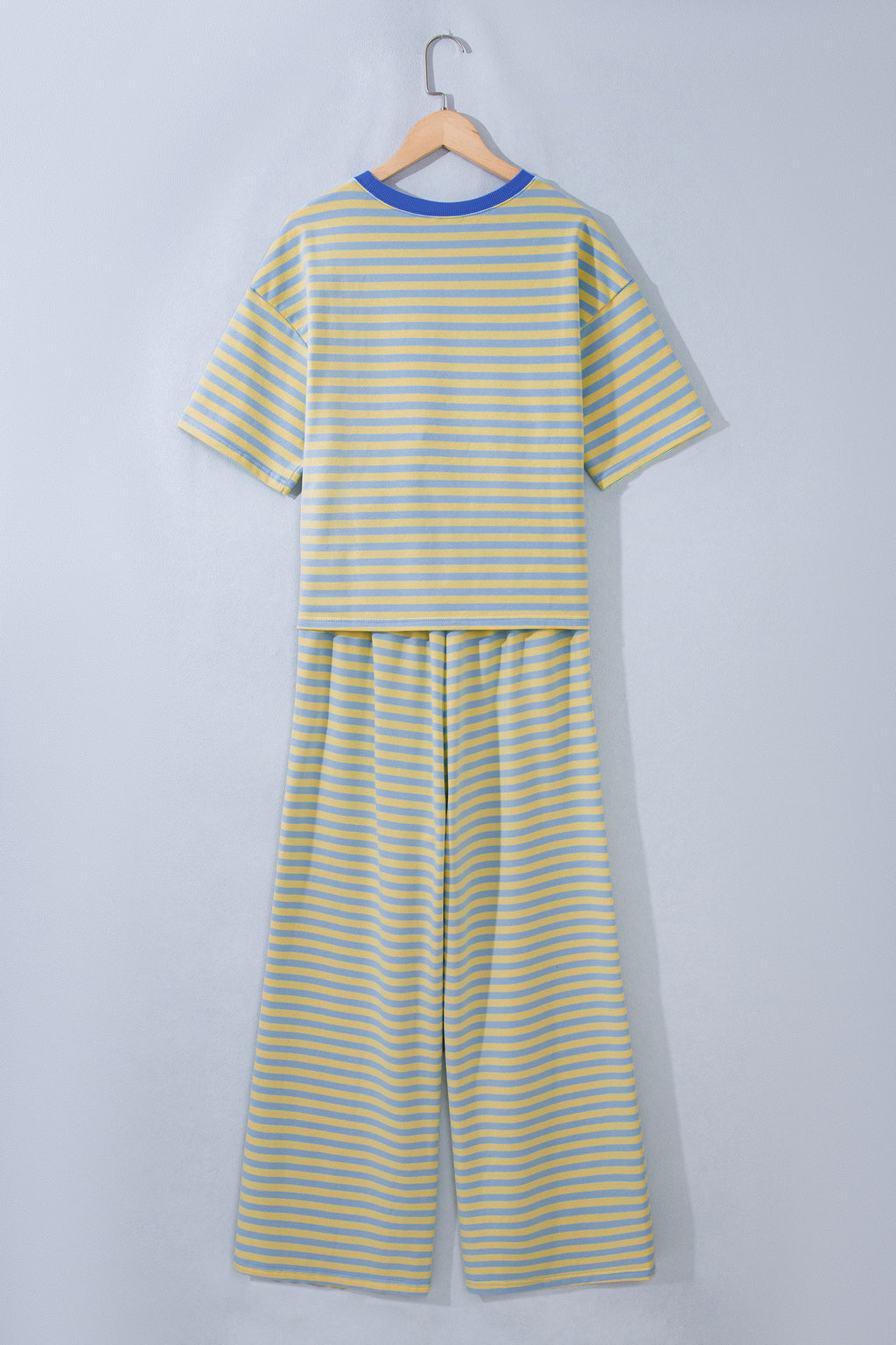Yellow Stripe Colorblock Trim Crew Neck Loose Tee Drawstring Elastic Waist 2pcs Pant Set