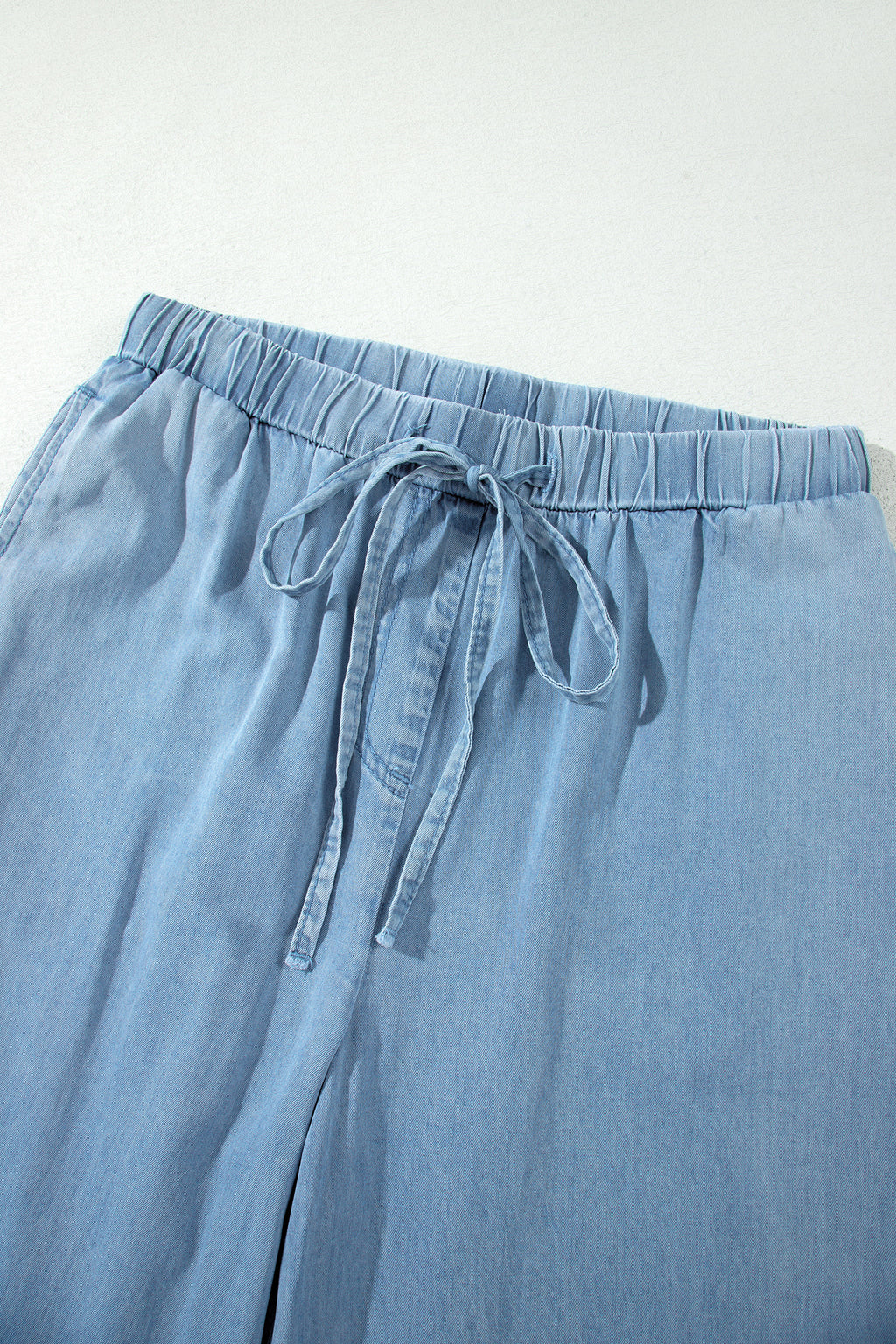 Dusk Blue Ruffled Hem Wide Leg Chambray Pants