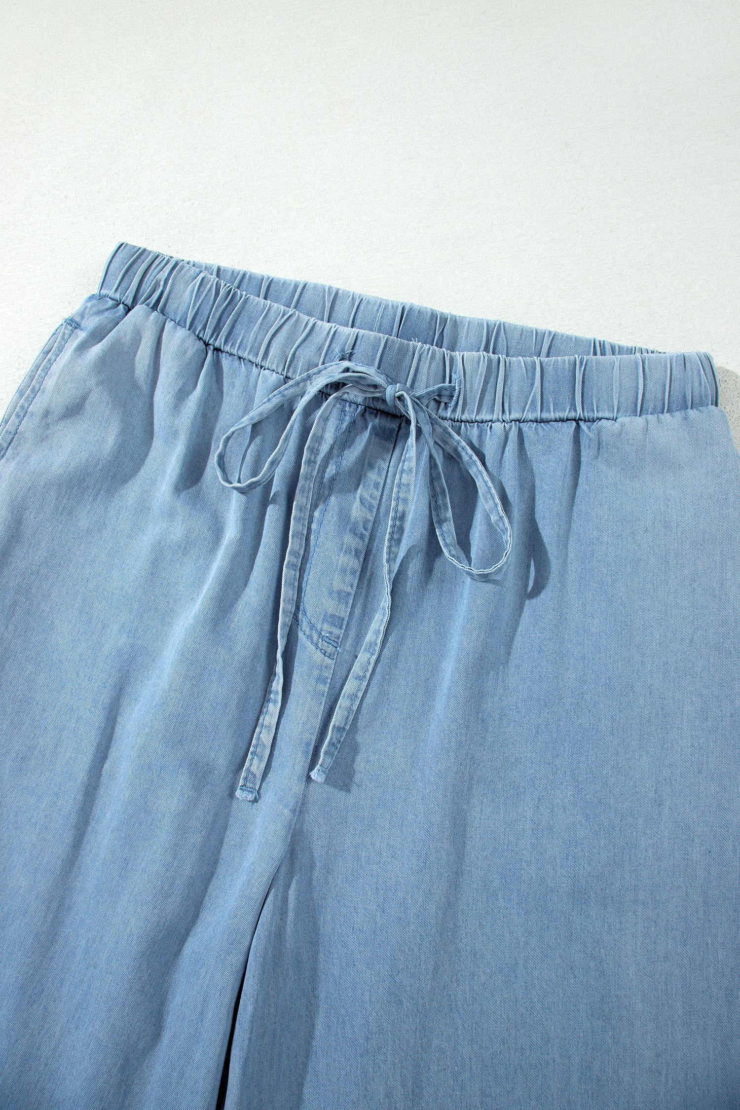 Dusk Blue Ruffled Hem Wide Leg Chambray Pants