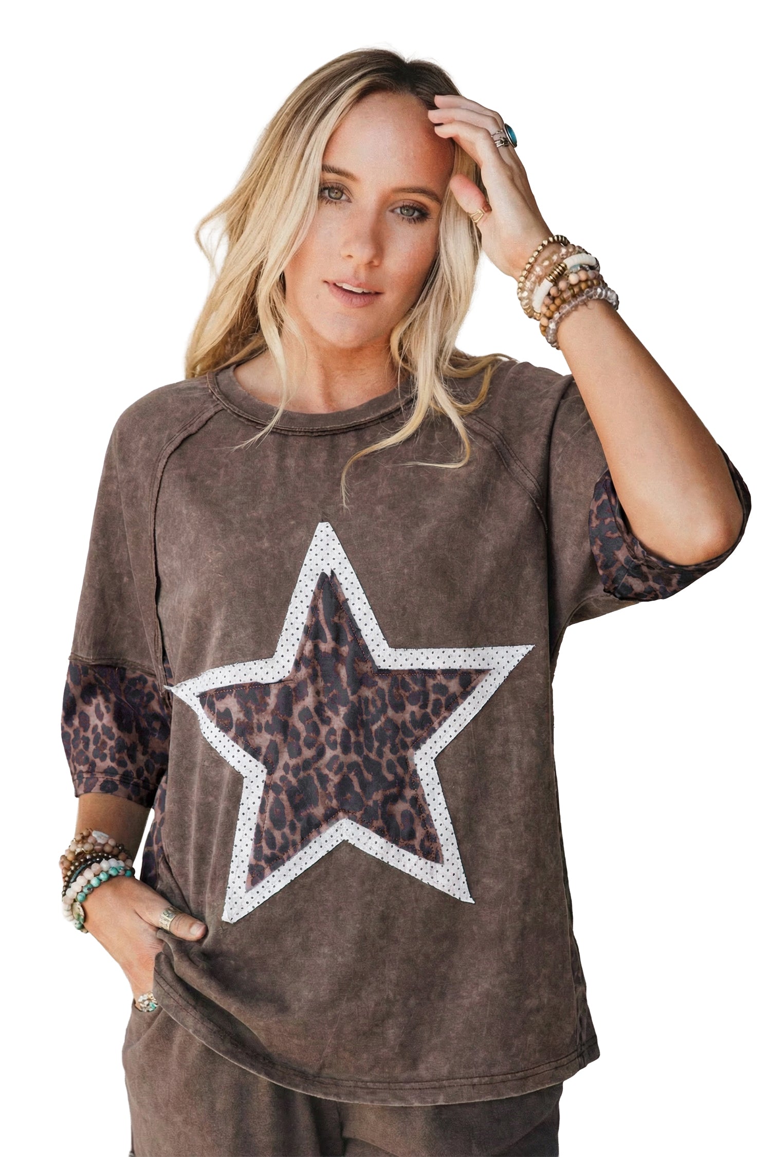 Coffee Mineral Wash Exposed Seam Leopard Star Patched T Shirt