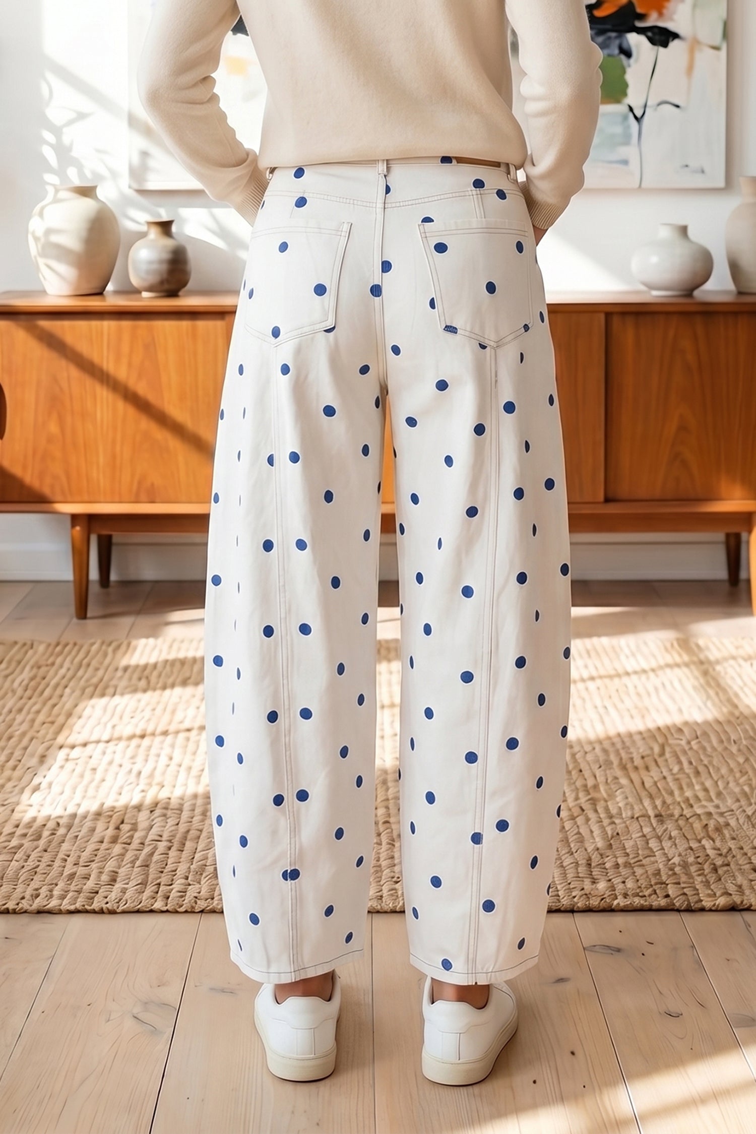 Blue Tailored Seam Polka Dot Print Barrel Casual Jeans