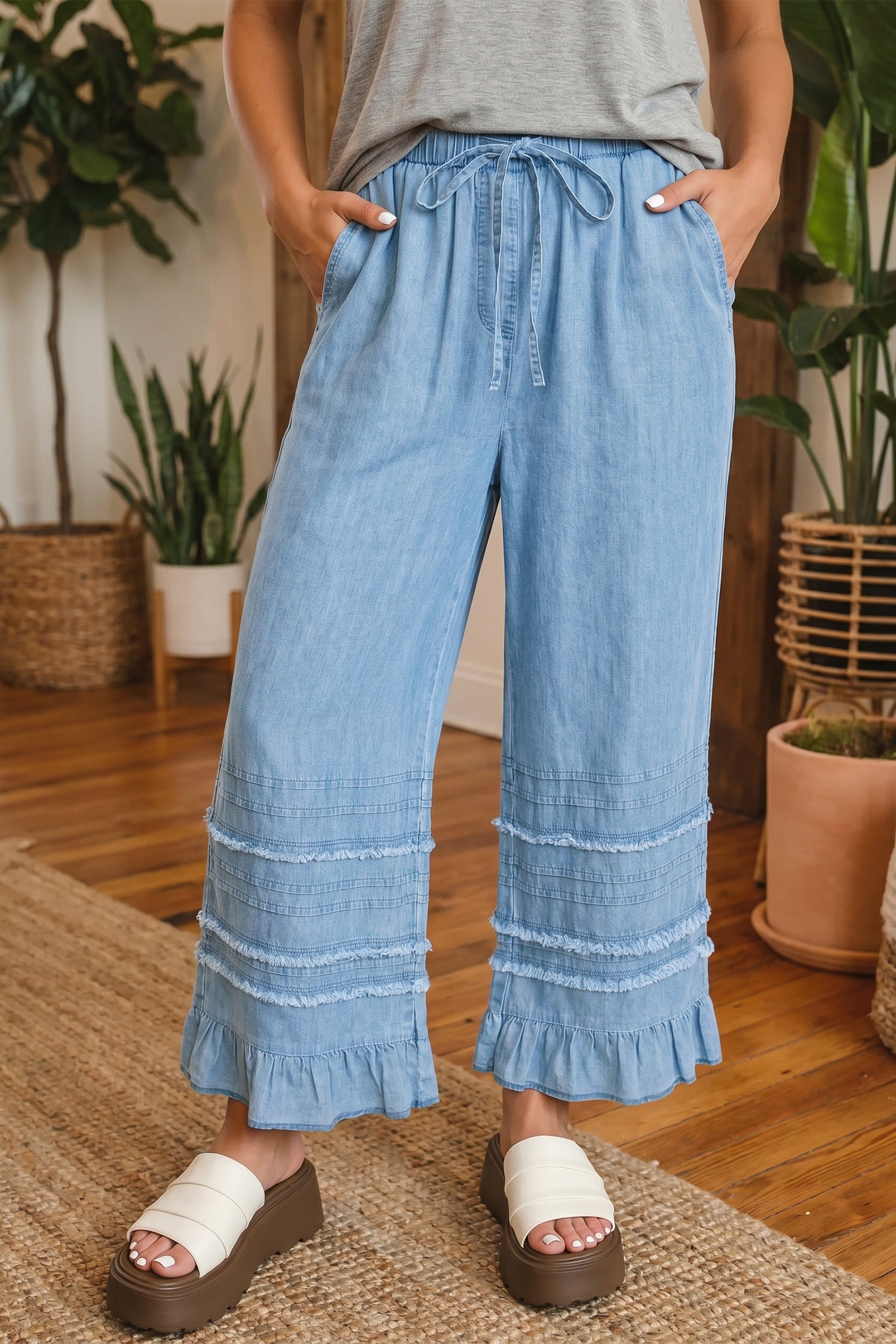 Dusk Blue Ruffled Hem Wide Leg Chambray Pants