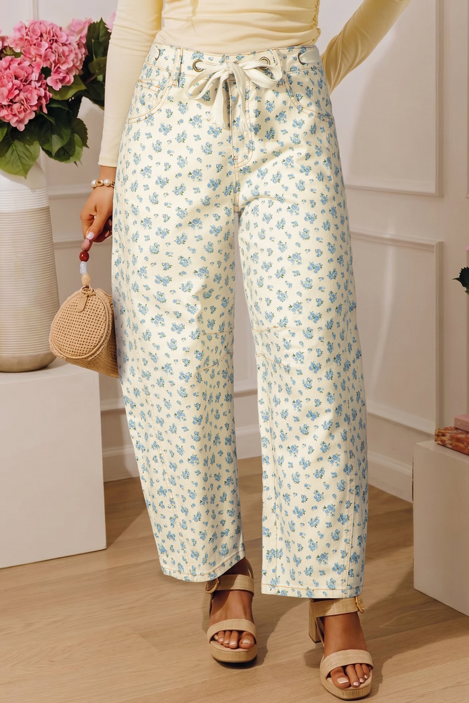 Beige Grommet Knot Waist Floral Barrel Leg Jeans