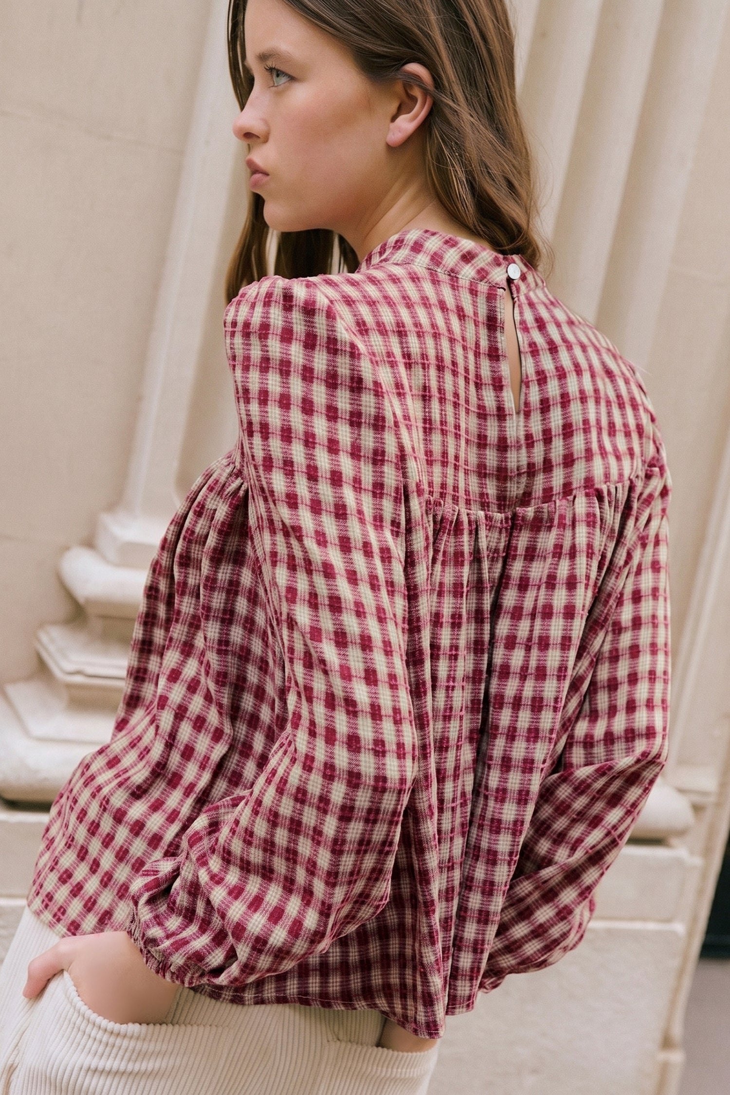 Coral Country Plaid Long Sleeve Button Keyhole Pleated Loose Blouse