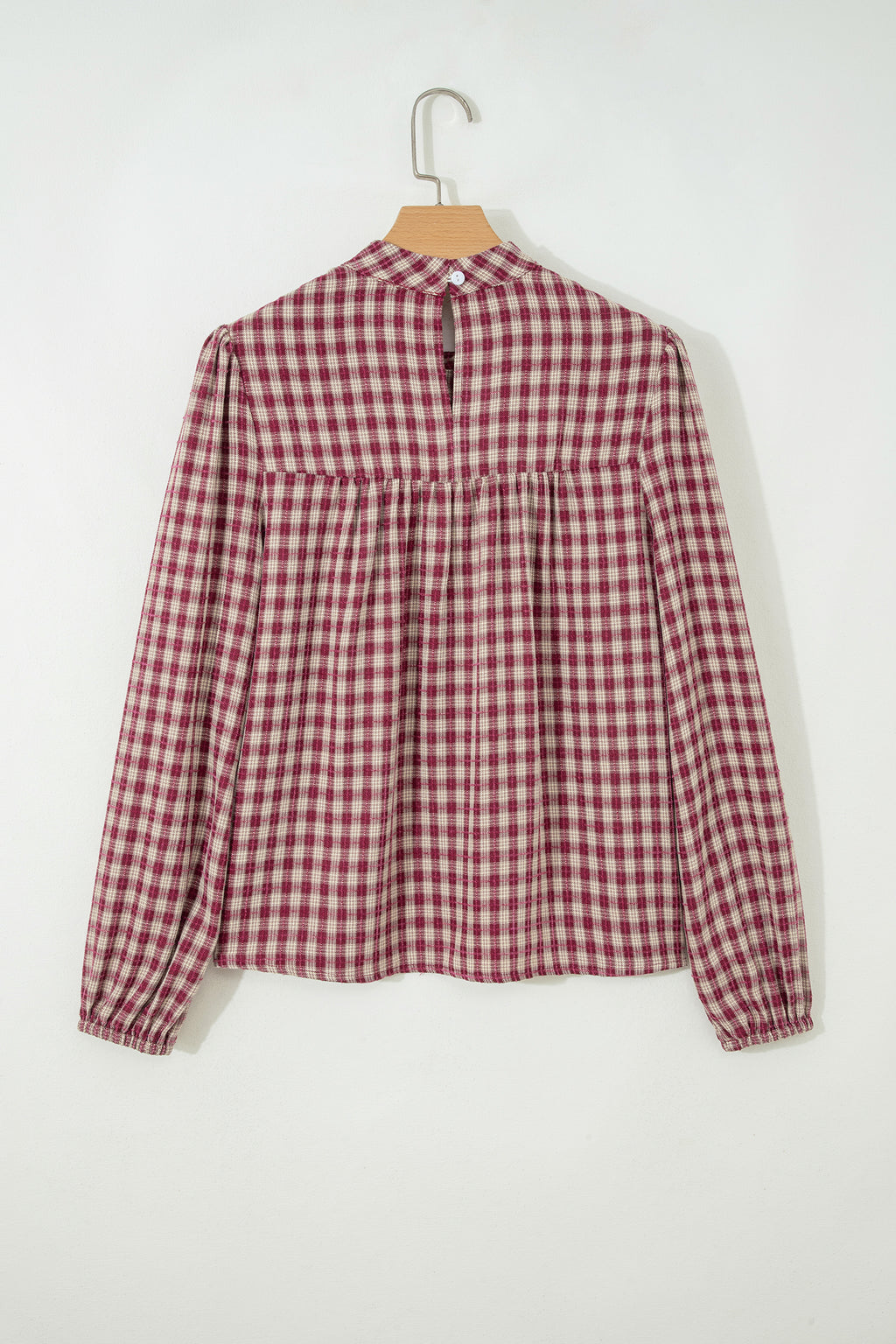 Coral Country Plaid Long Sleeve Button Keyhole Pleated Loose Blouse