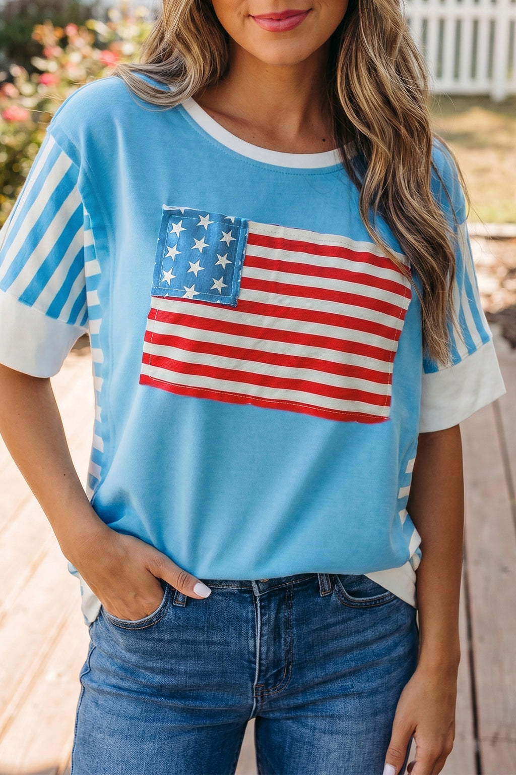 Light Blue Flag Print Patchwork Colorblock July 4th T Shirt