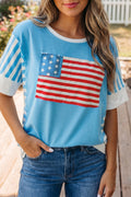 Light Blue Flag Print Patchwork Colorblock July 4th T Shirt