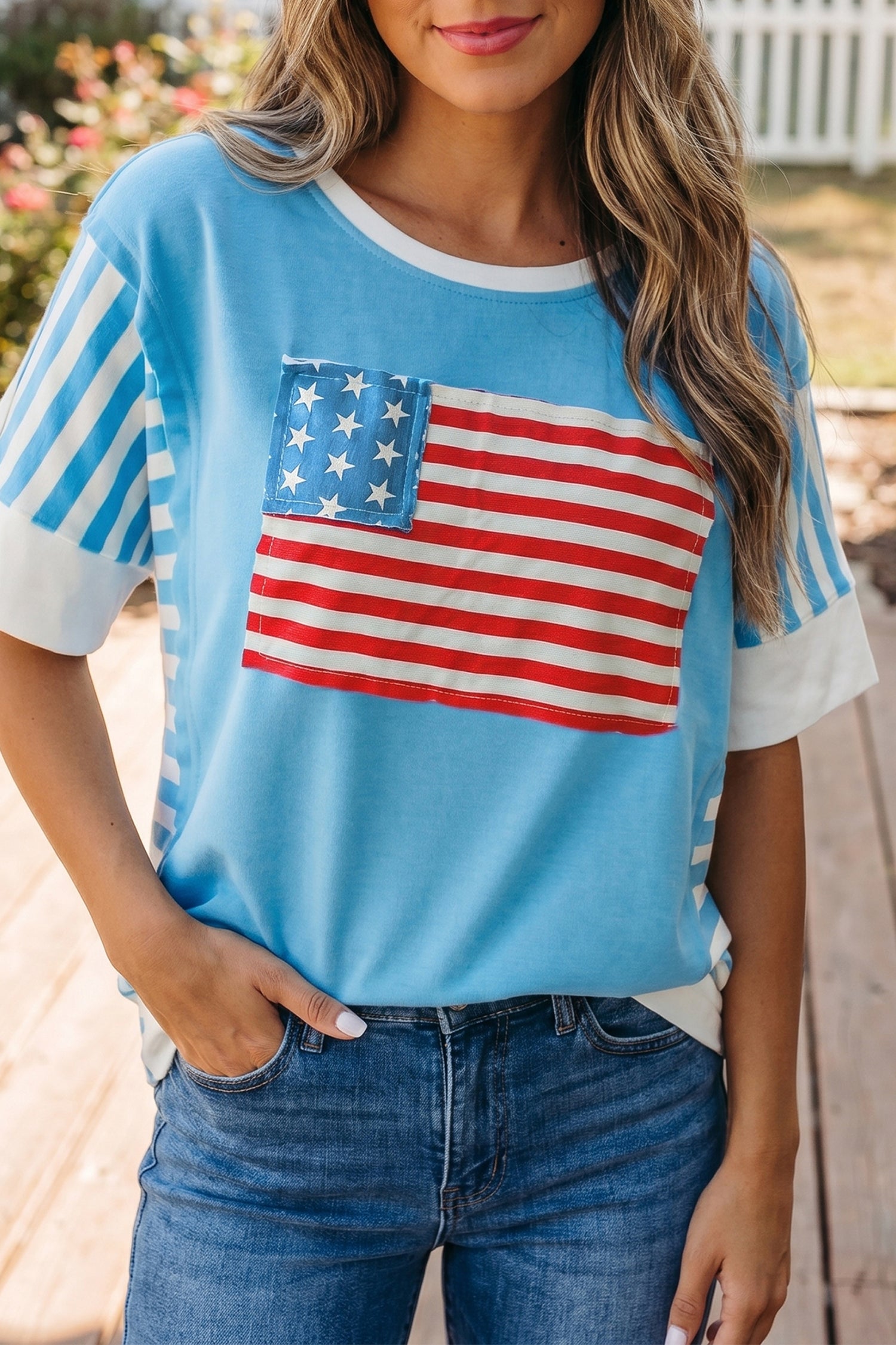 Light Blue Flag Print Patchwork Colorblock July 4th T Shirt