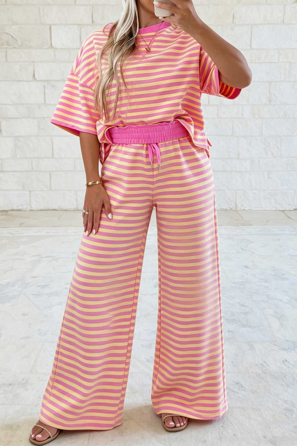 Pink Stripe Colorblock Trim Crew Neck Loose Tee Drawstring Elastic Waist 2pcs Pant Set
