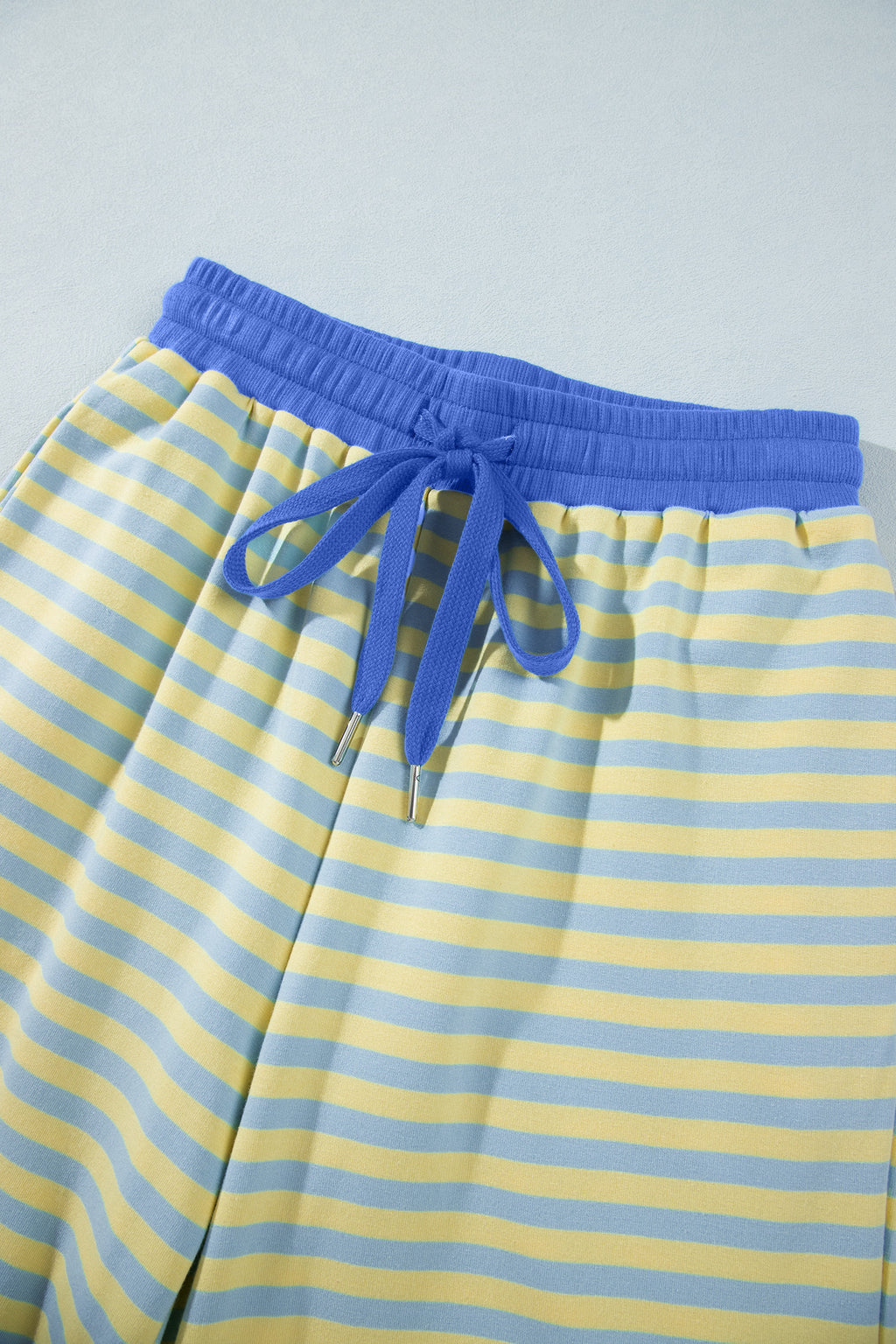 Yellow Stripe Colorblock Trim Crew Neck Loose Tee Drawstring Elastic Waist 2pcs Pant Set