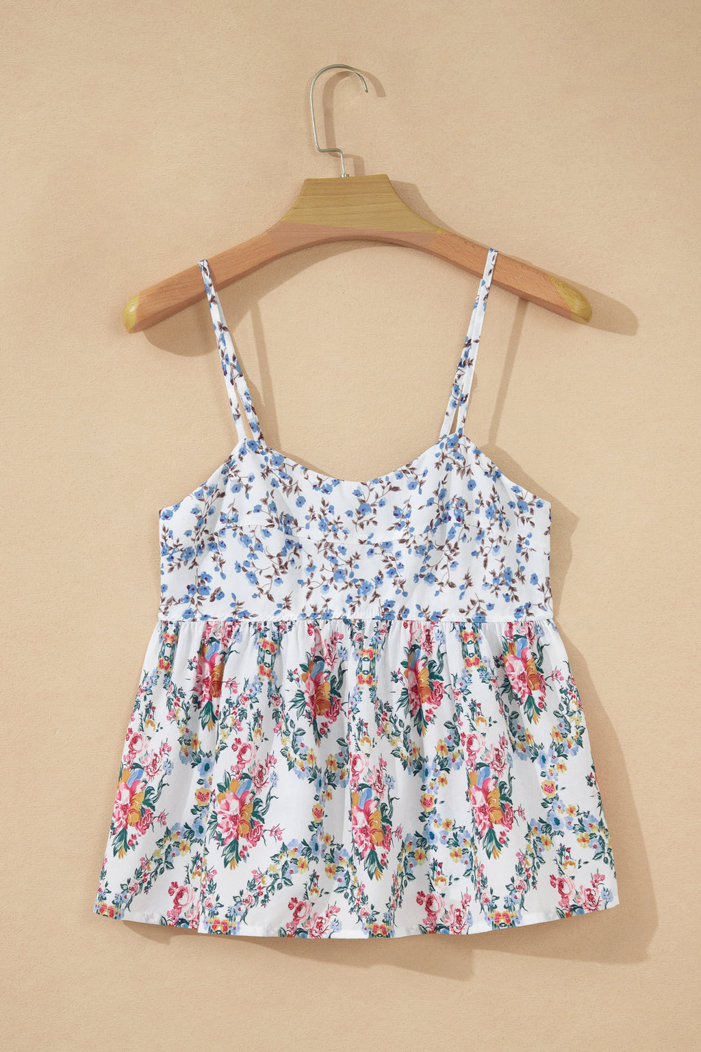 White Contrast Floral Printed Spaghetti Straps Babydoll Top
