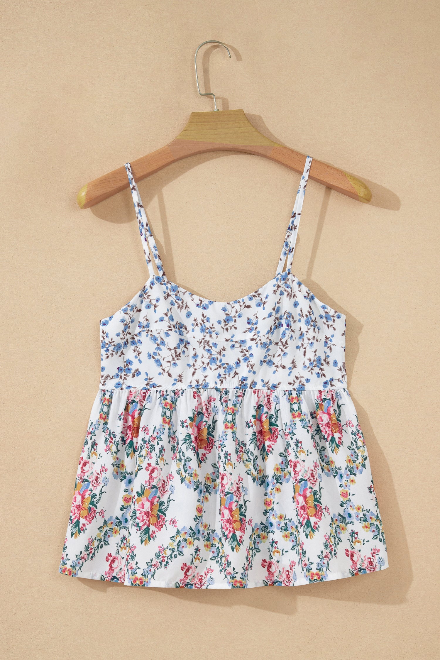 White Contrast Floral Printed Spaghetti Straps Babydoll Top