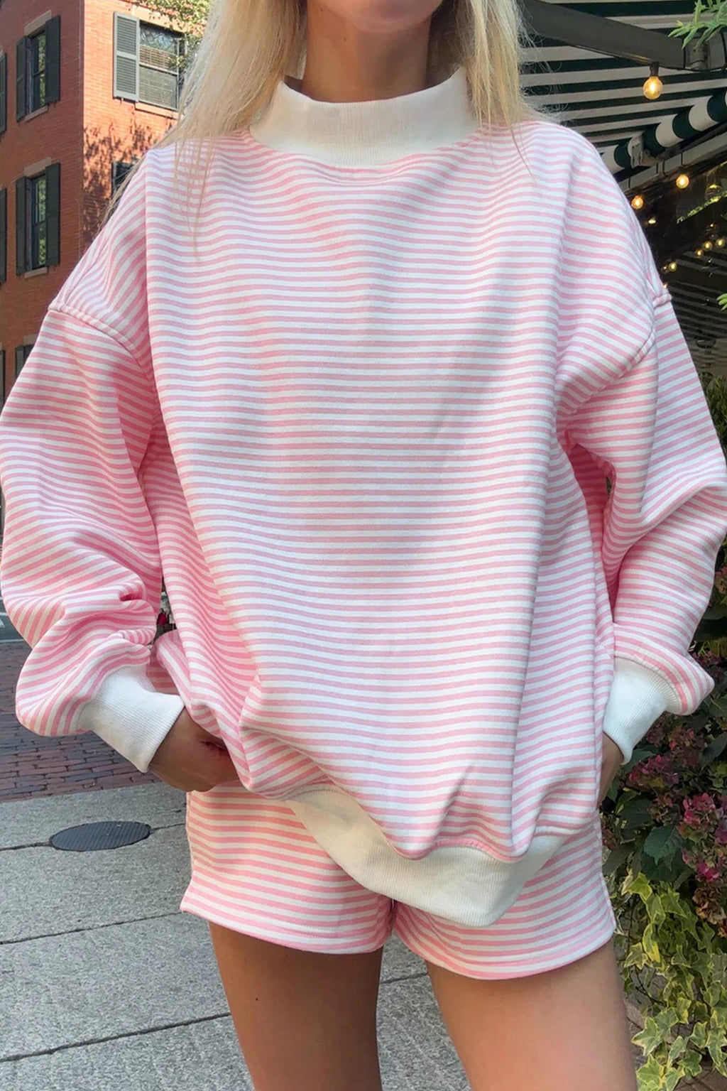 Pink Stripe1 Oversize Mock Neck Sweatshirt and Shorts Set